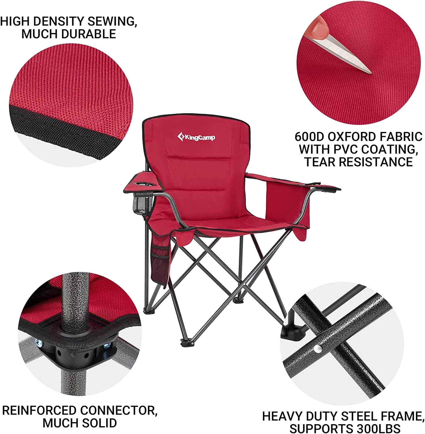 KingCamp Camping Chair for Adults Folding Chair Oversized Heavy Duty 300lbs Camp Chair Full Padded Outdoor Portable Chair with Cooler Bag Cup Holder Side Pocket Red