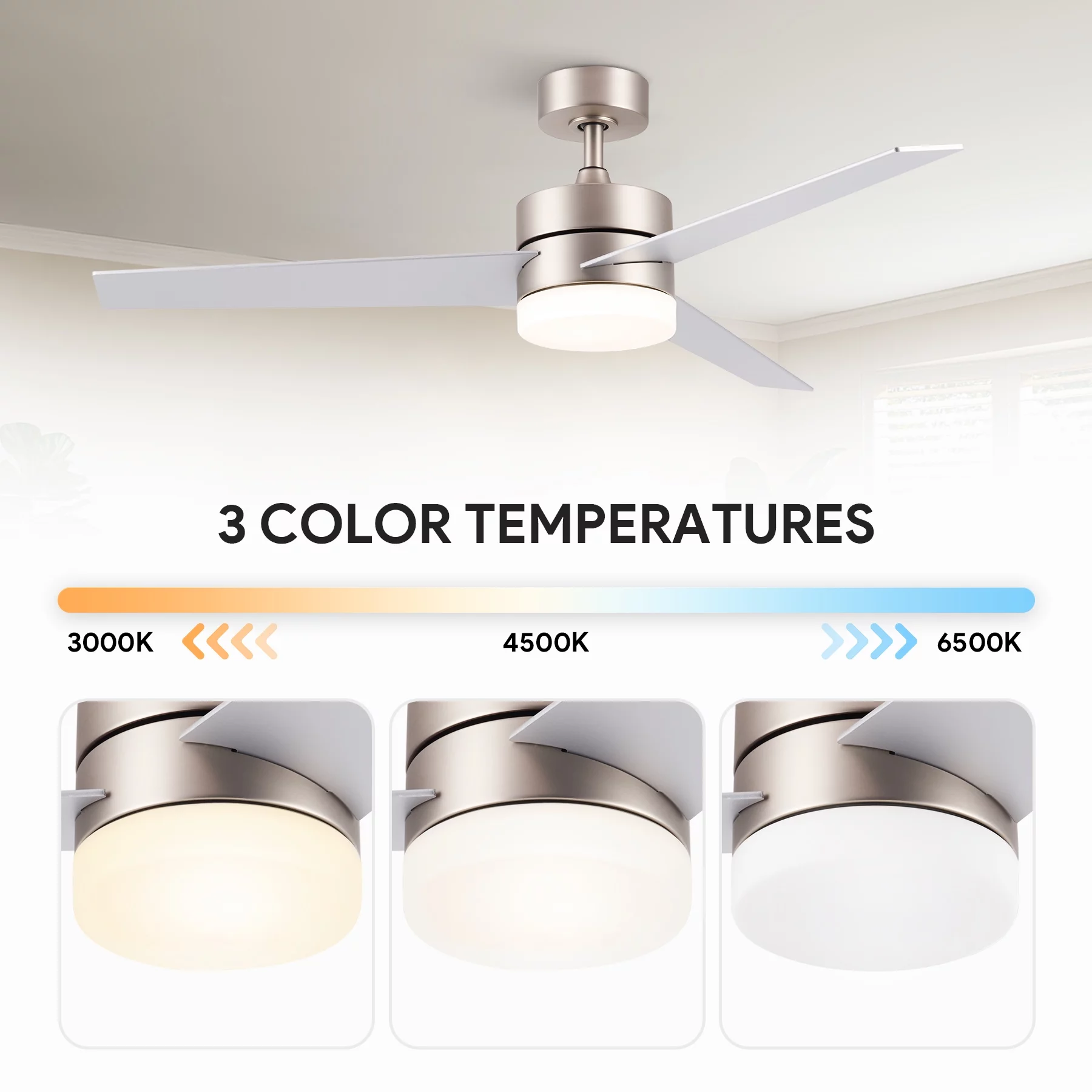 Bestco 52' Ceiling Fan with Light Remote 3 Blades 3 Color Light 6 Speed Reverse Airflow Indoor&Outdoor