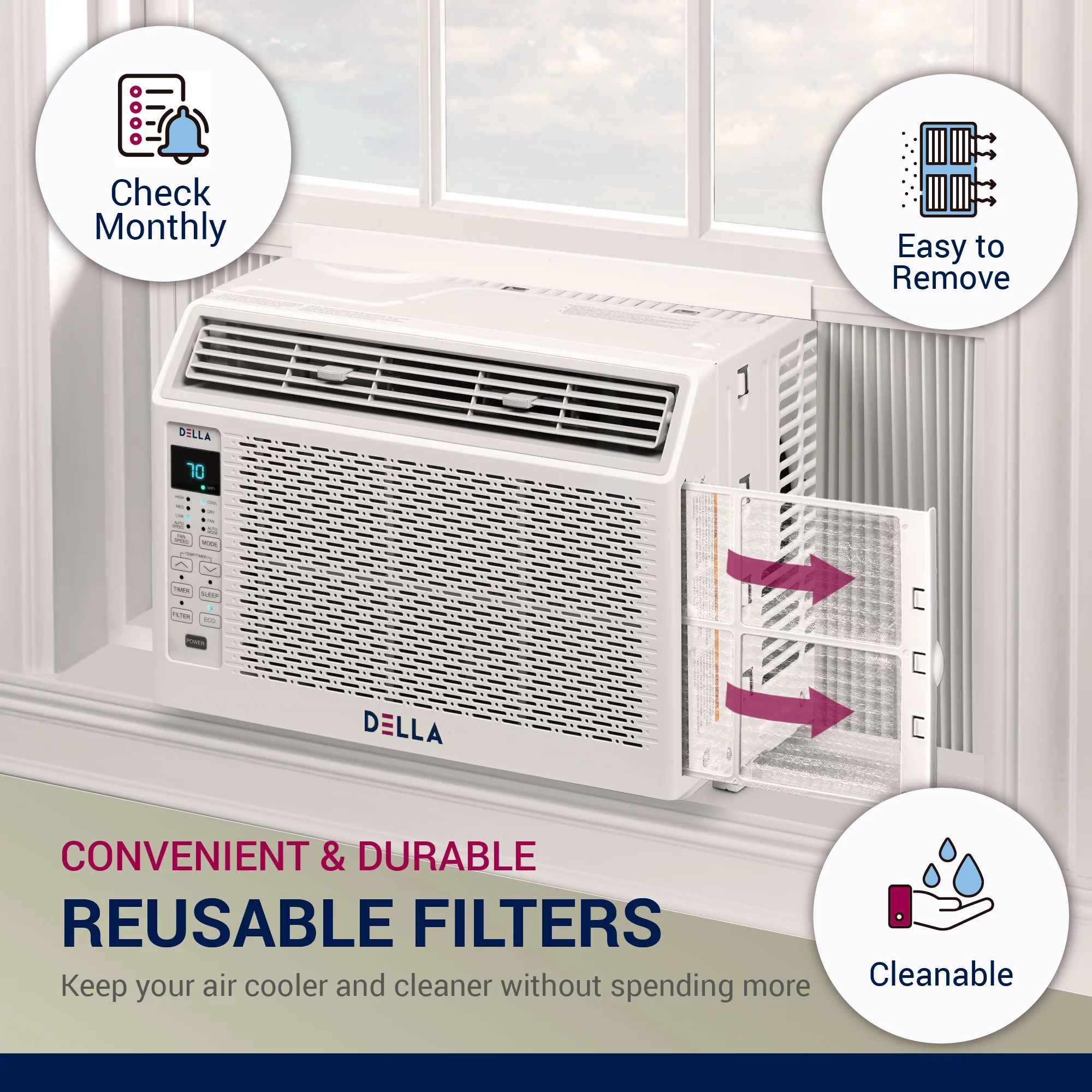 DELLA 6000 BTU 115V/60Hz Energy Saving Window Air Conditioner, Whisper Quiet AC Unit with WIFI Smart Controls, Remote, Dehumidifier, Fan, Cools up to 250 Square feet