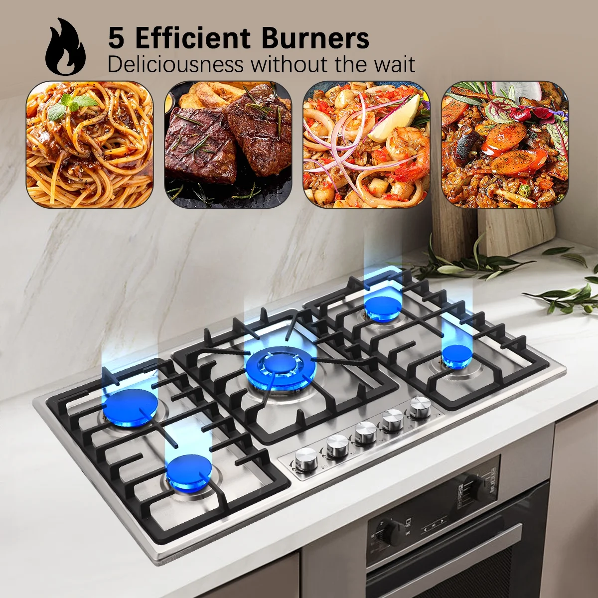 BreeRainz Gas Cooktop 34inch��5 Burner Propane Stove Stainless Gas Stove with Electronic Ignitor Safety Device Built-In Gas Hob for Home kitchen,(LPG default, NG nozzle not included)