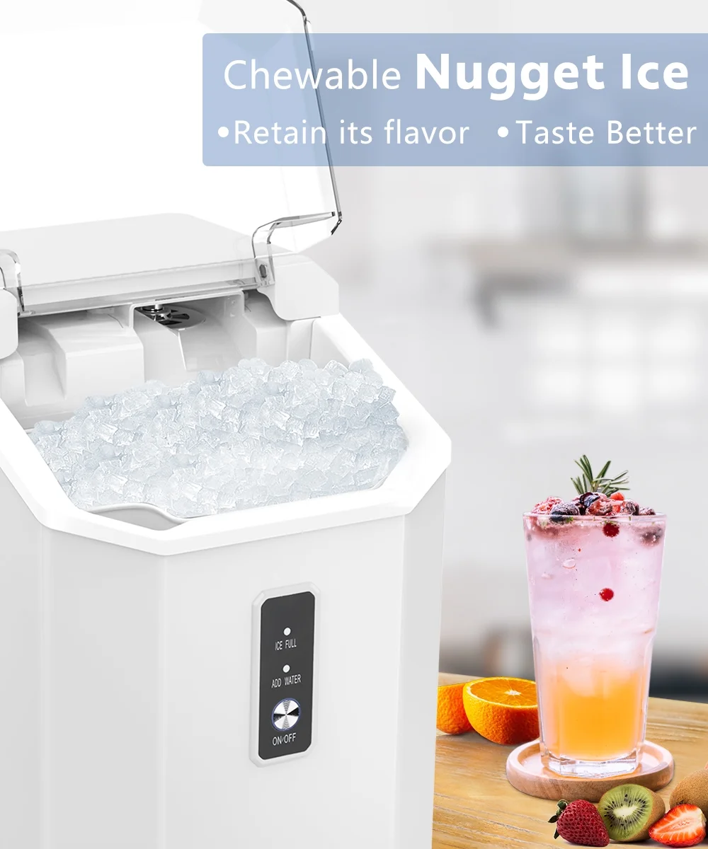 Besttey 33lbs Countertop Nugget Ice Maker, Potable with Scoop,?Soft Nugget Ice Ready in 7mins, White
