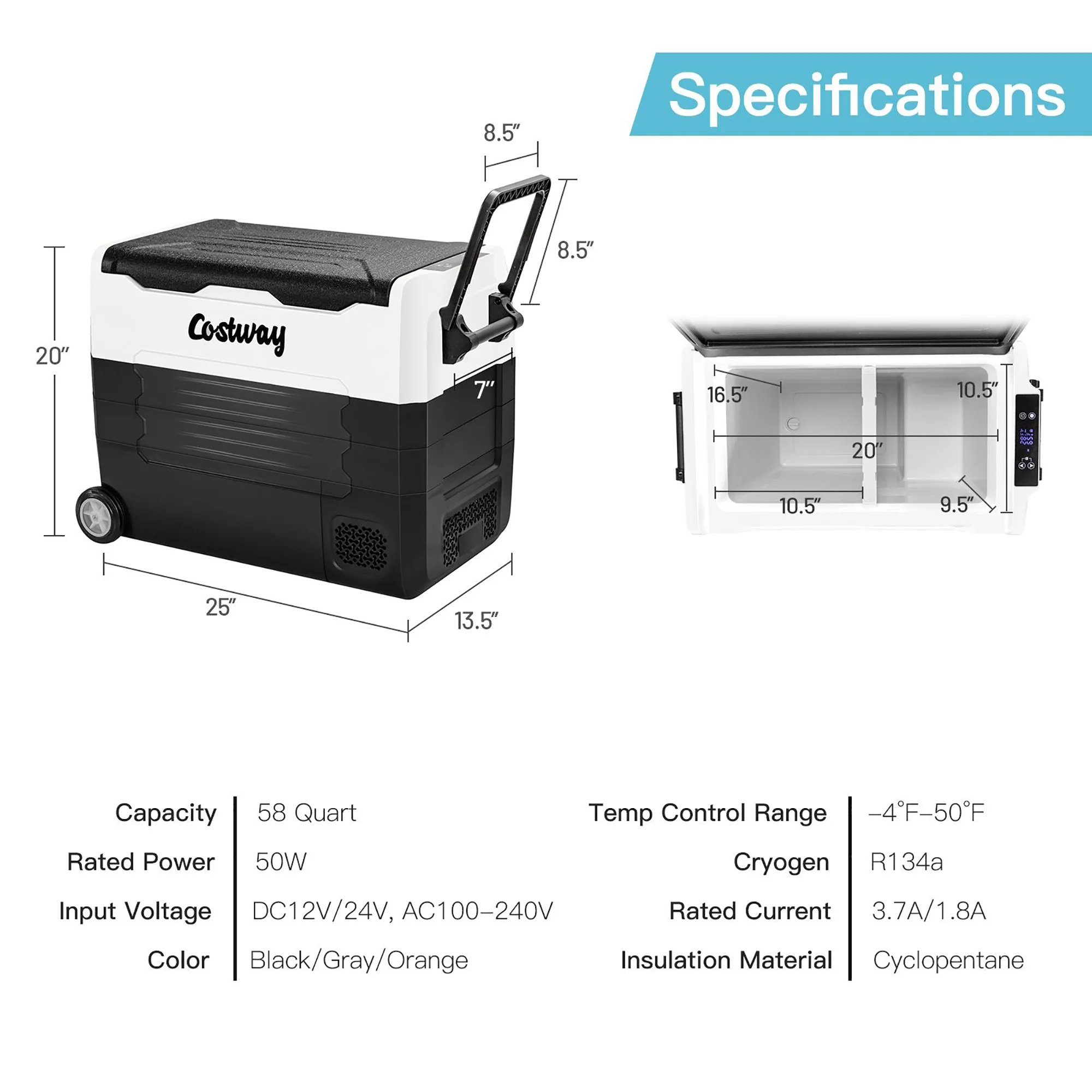 Costway 58 Quarts Car Refrigerator Portable RV Freezer Dual Zone w/ Wheel Black