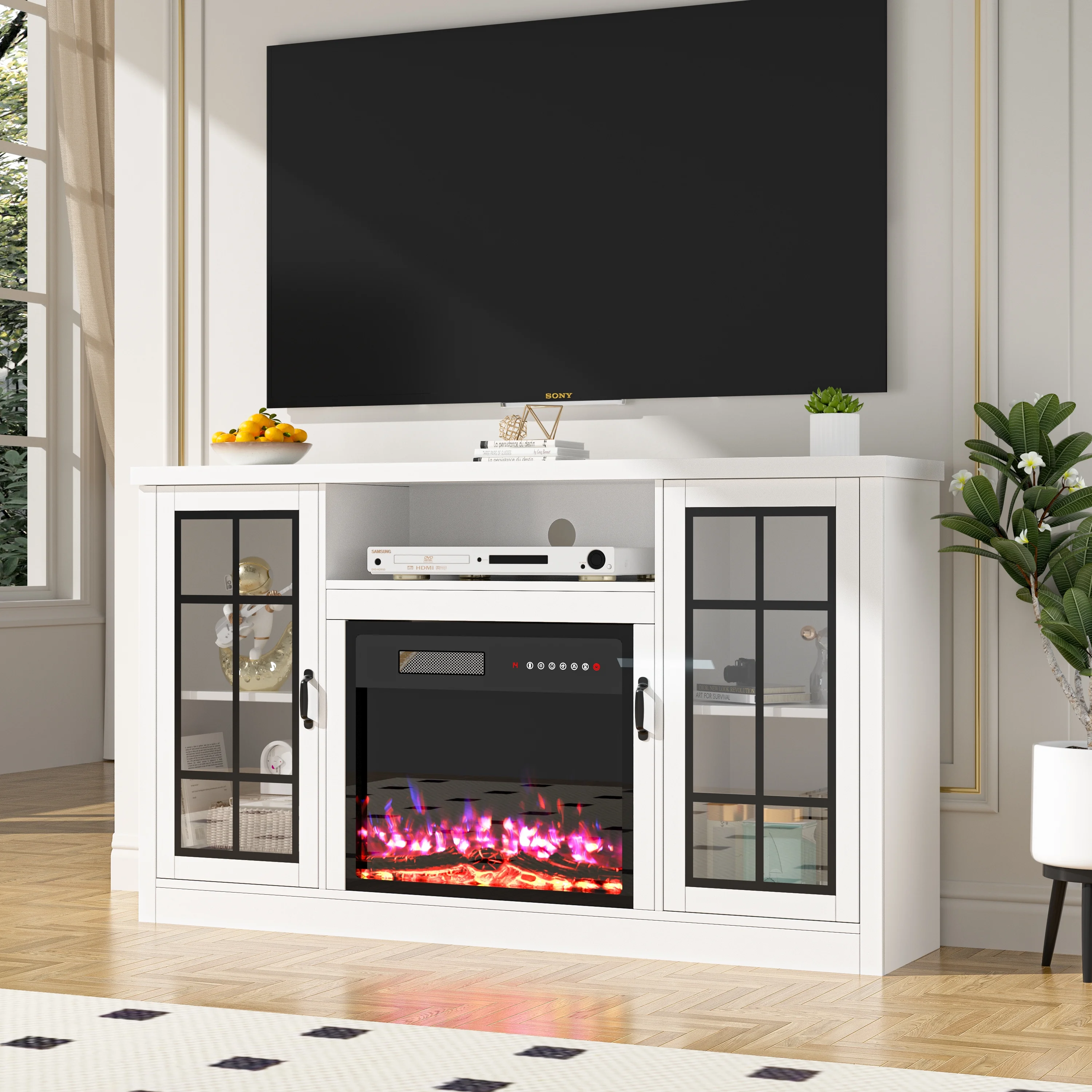 GetYes Modern 59' TV Stand with 23' Electric Fireplace��White��12 Flame Colors