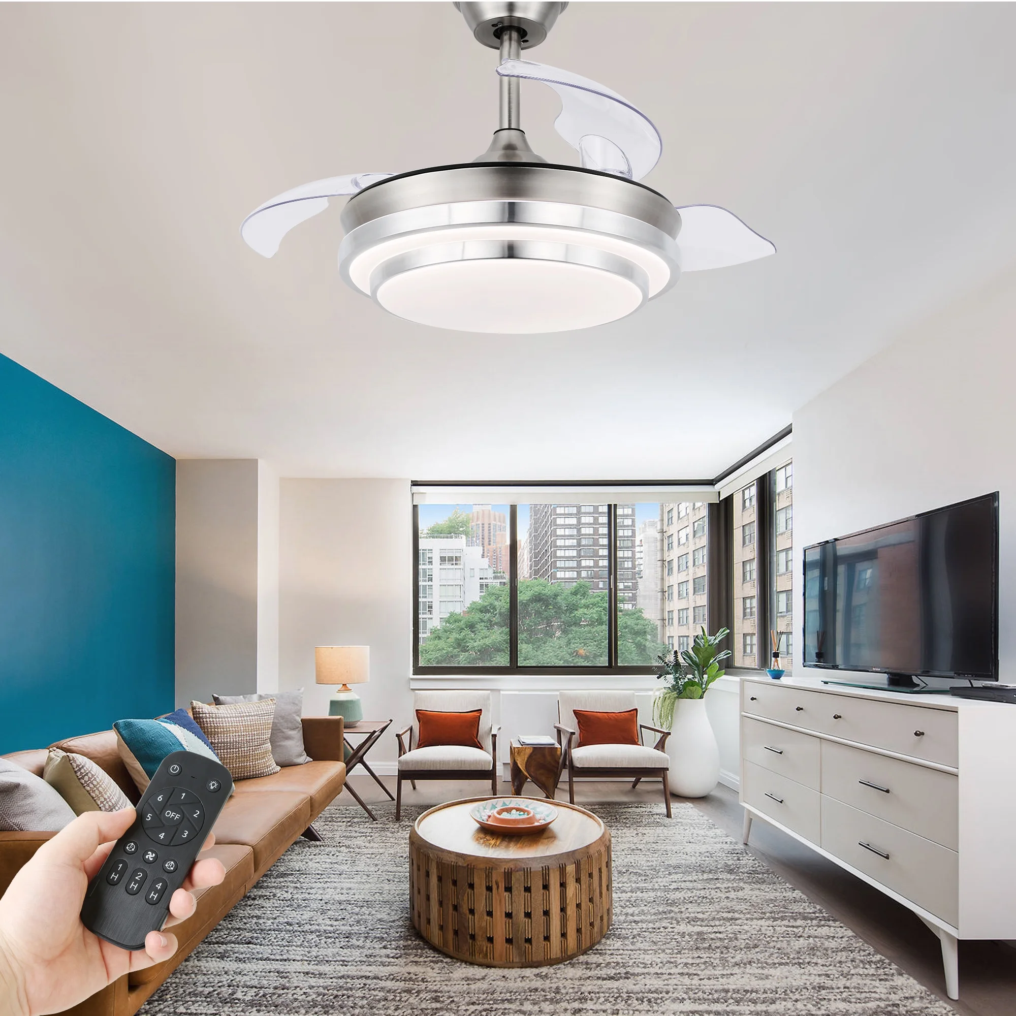 36'' LED Retractable Blades Ceiling Fan with Remote Control and Light Kit, 6-Speed Ceiling Fan with Reversile Blades