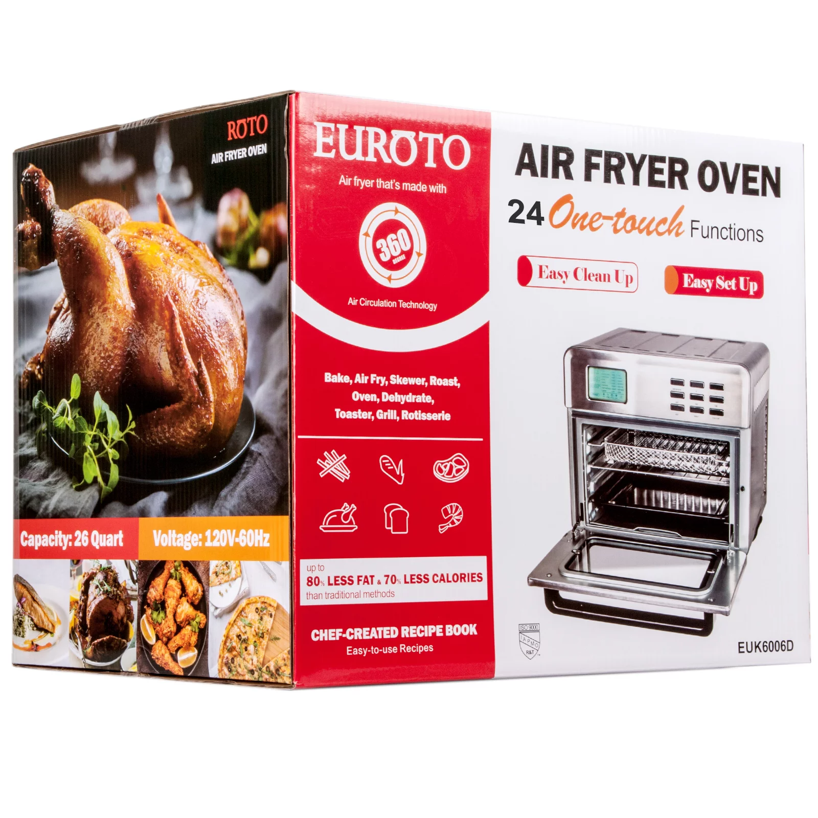 Euroto Air Fry Oven, 26.8 Quart 24 in 1 Function 360 Air Circulation, Bake, Broil, Toast, Air Fry, Air Roast, Digital Toaster, True Surround Convection, Includes Recipe Book, 1800 Watts, Steel Finish