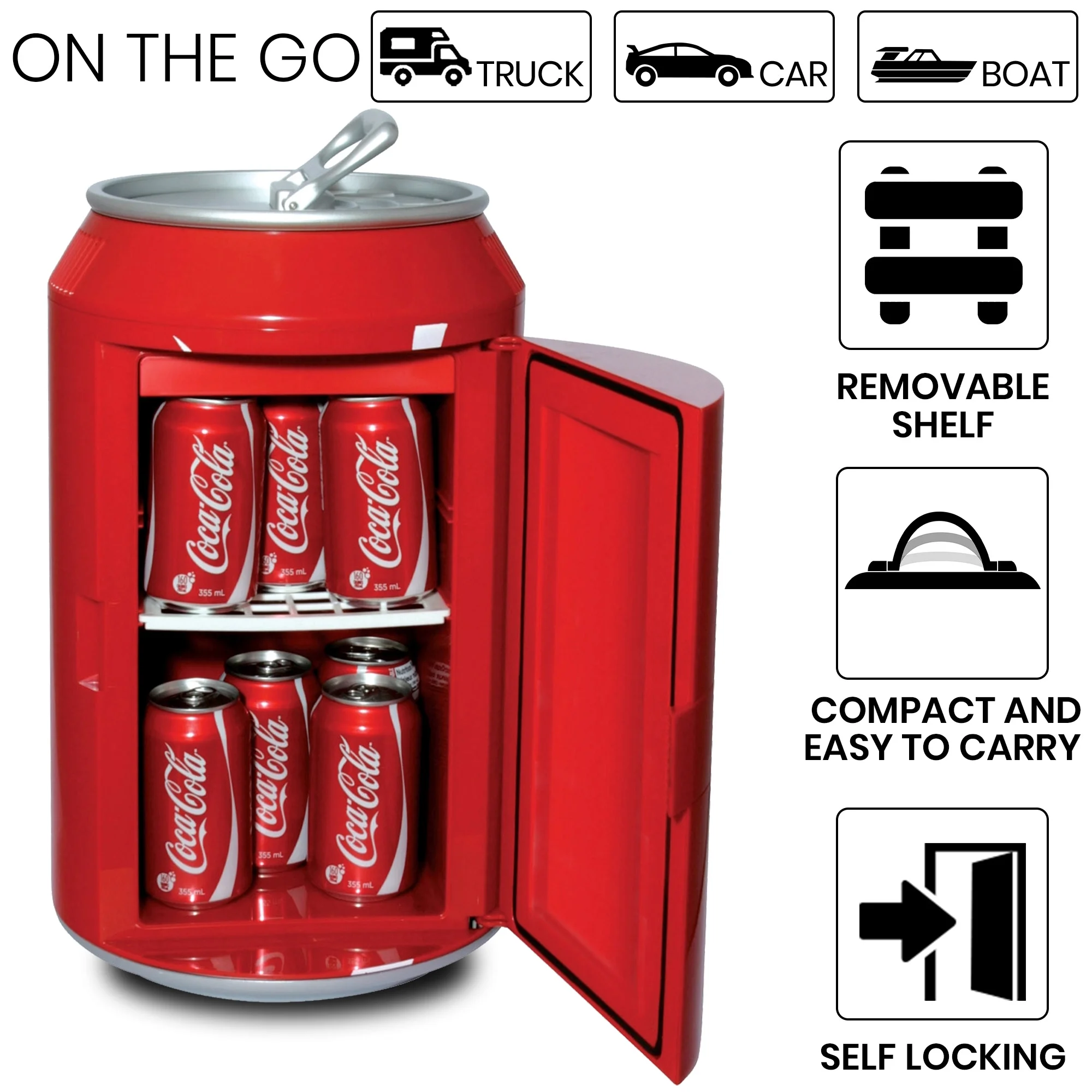 Coca-Cola 12 Can Portable Mini Fridge 12-Volt Electric Cooler, Travel cooler for Beverage