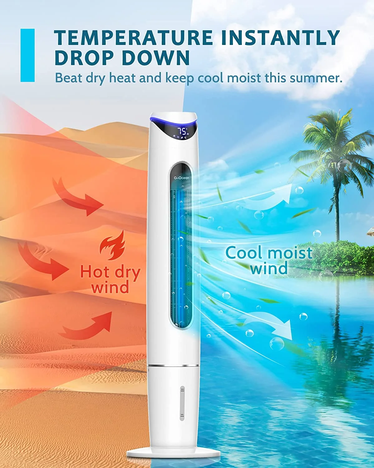 Evaporative Cooler - 46' Swamp Cooler with Remote, G-Ocean Portable Air Cooler Fan Air Conditioner