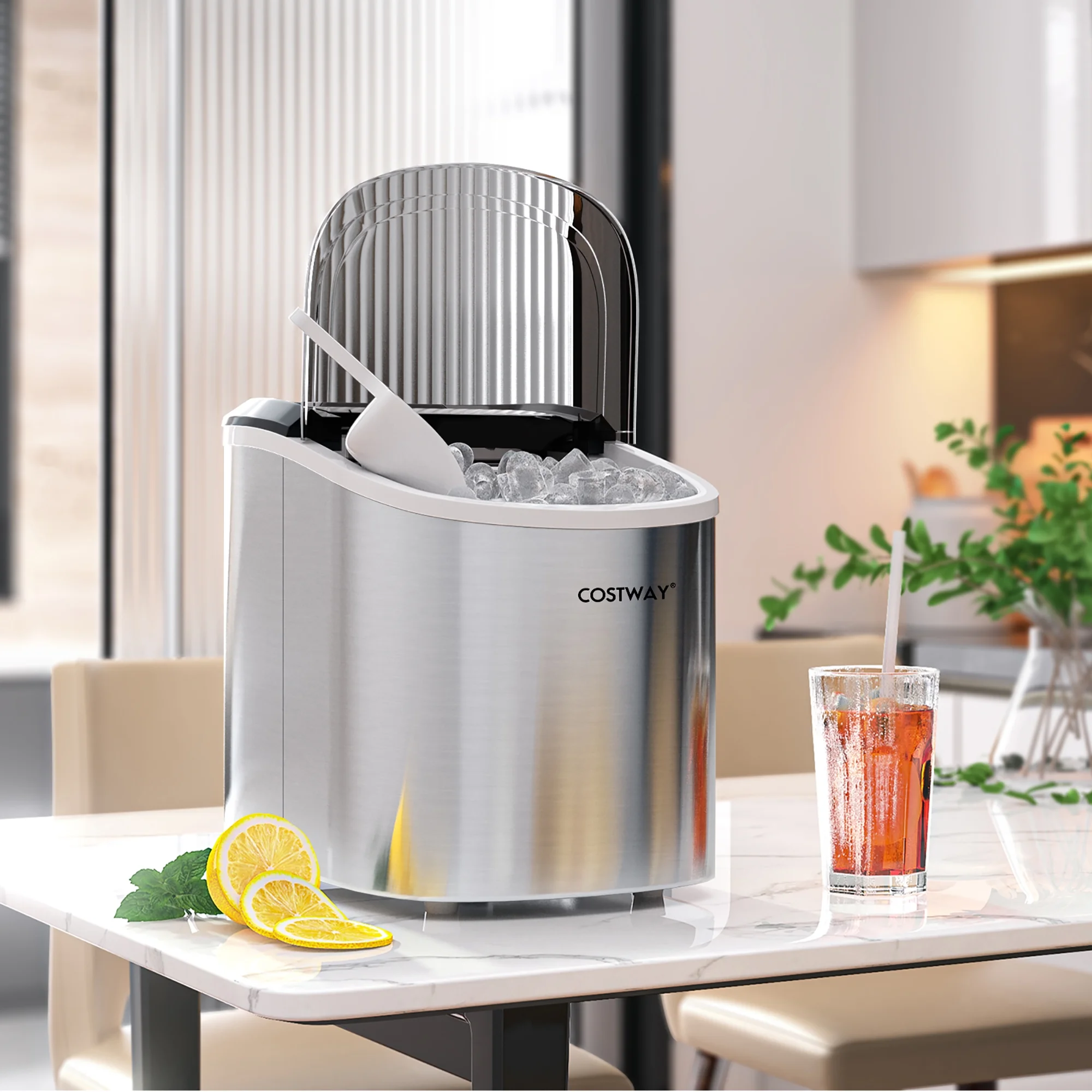 Costway Ice Maker Machine Countertop Automatic Ice Maker 27 LBS/24 Hrs w/ Scoop & Basket Silver
