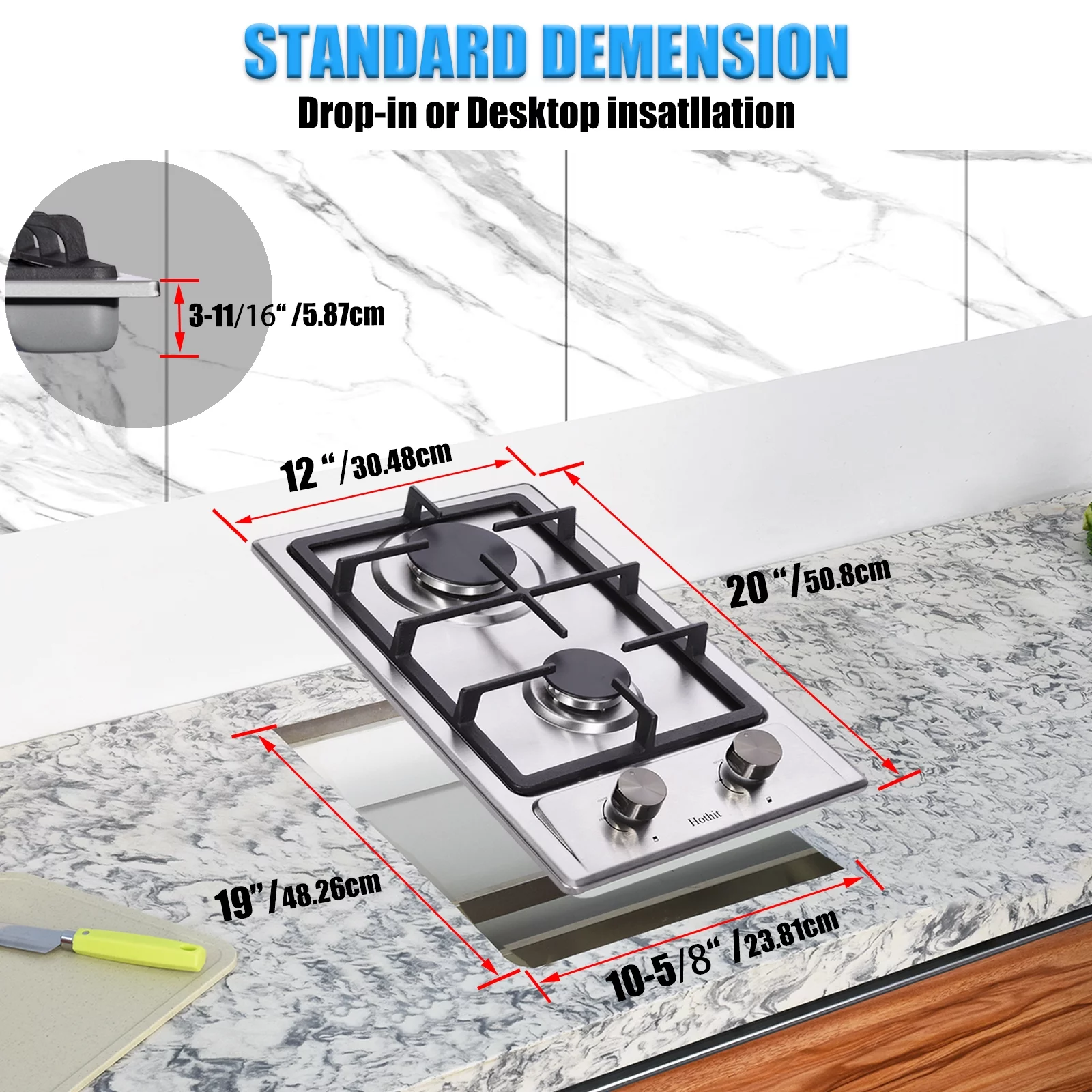 Hothit 2 Burner Propane Gas Cooktop, 12' Inch LPG/NG Dual Fuel Built-in Gas Stove Top, Stainless Steel Electronic Ignition Gas Hob for Apartment, Outdoor, RVs(L12'��W20')