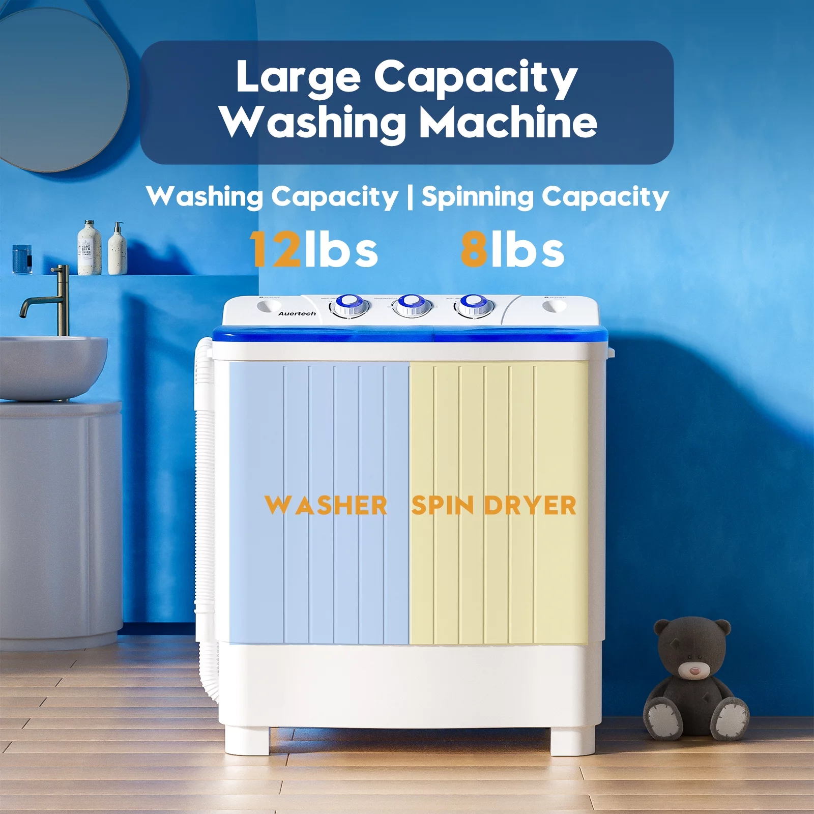 Auertech Portable Washing Machine 20lbs Mini Twin Tub Compact Semi-Automatic Washer Spinner Combo with Gravity Drain