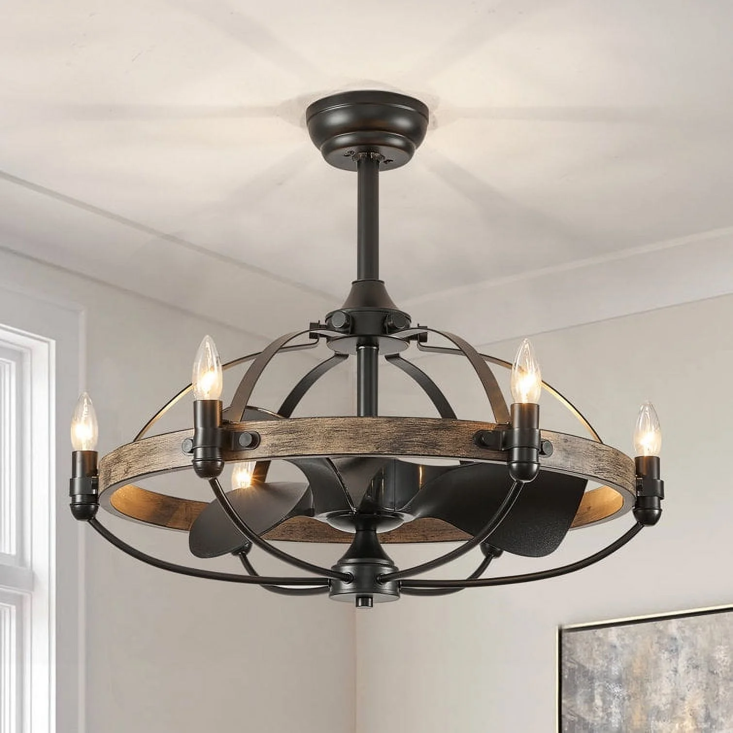 HOOMEDELIER 27'' Farmhouse Ceiling Fan with Light,Reversible Farmhouse 6-Speed with Remote,3 Blades Vintage Cage Chandelier Fan for Indoor