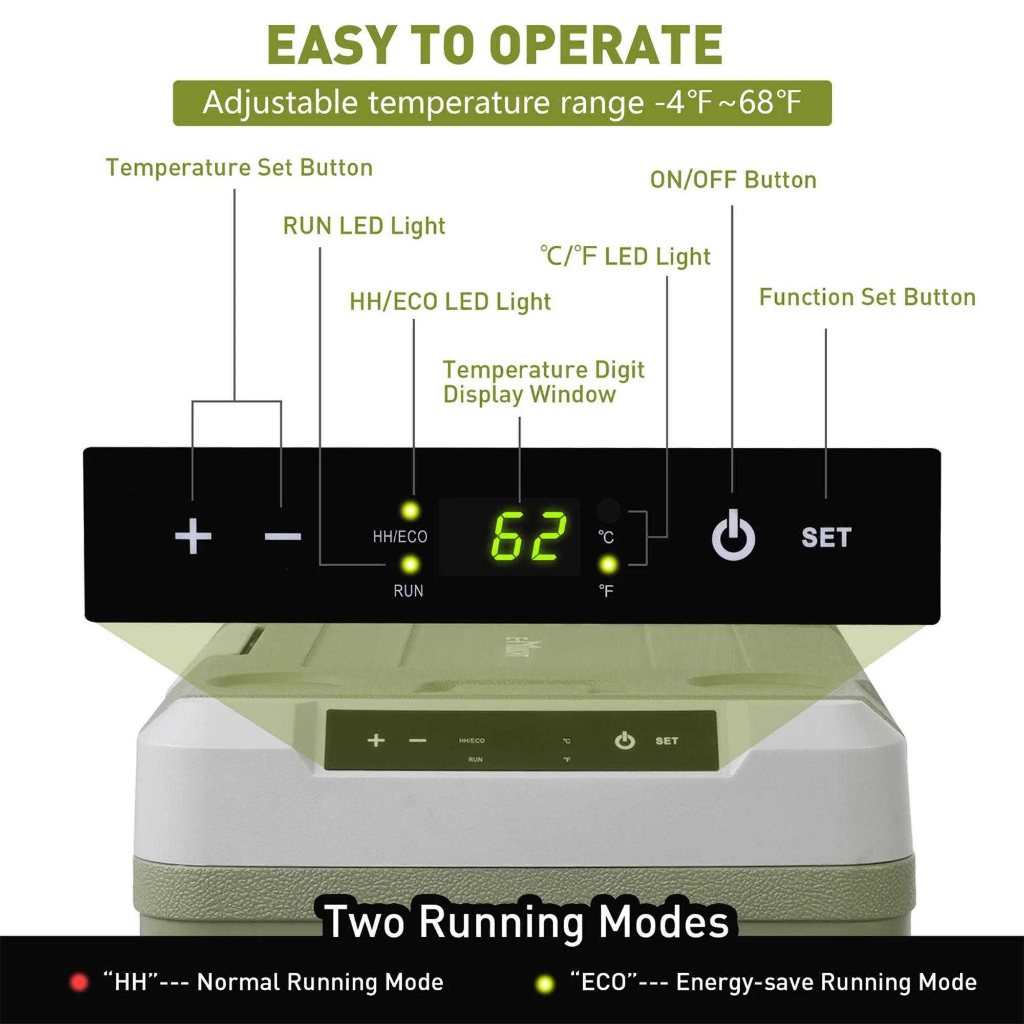 12 Volt Car Refrigerator, 45.4 Quart Portable Freezer Electric Cooler with 12V/24V DC, 100-240V AC, -4��F to 68��F, Compact Compressor for Car, RV, Camping, Travel, Fishing, Outdoor or Home, Green