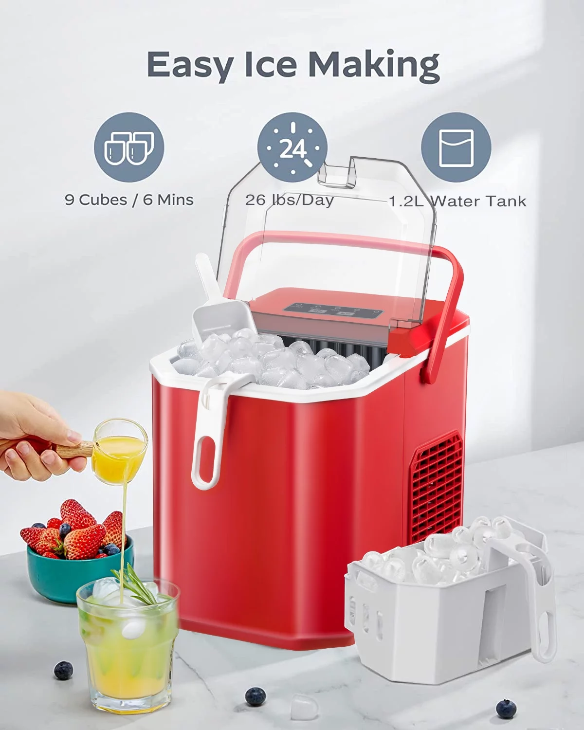 KISSAIR Countertop Ice Maker, Self-cleaning Portable Ice Maker Machine with Handle and Ice Scoop, Bullet Ice Cubes, 9Pcs/8Min 26Lbs/24H for Home/Office/Bar/Party (Red)