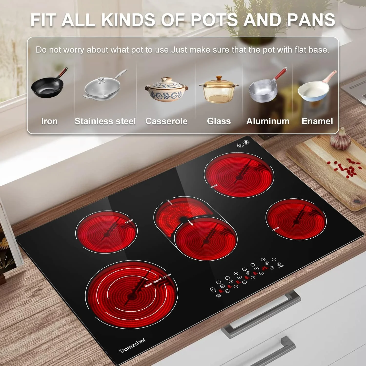 AMZCHEF 30' Built-in Electric Stove, 8500W Induction Cooktop with 5 Burners, 240V Power Electric Cooktop with Touch Sensor Control, Timer, Child Safety Lock, for All Kinds of Cookware