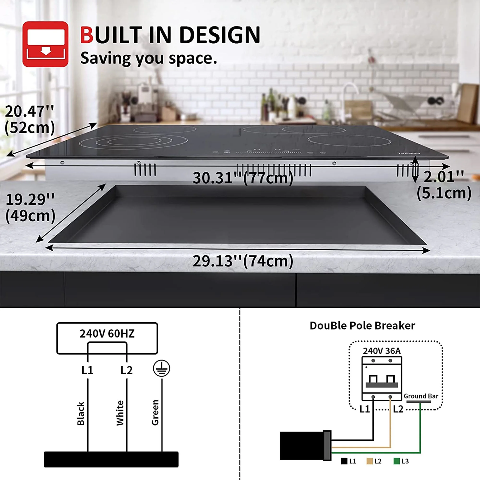 IsEasy Electric Ceramic Cooktop, 30' 4 Burners Built-in Countertop Burners Cooker Satin Glass in Black Touch Sensor Control, Timer, Child Safety Lock, 9 Power Levels, 220-240V 7200W