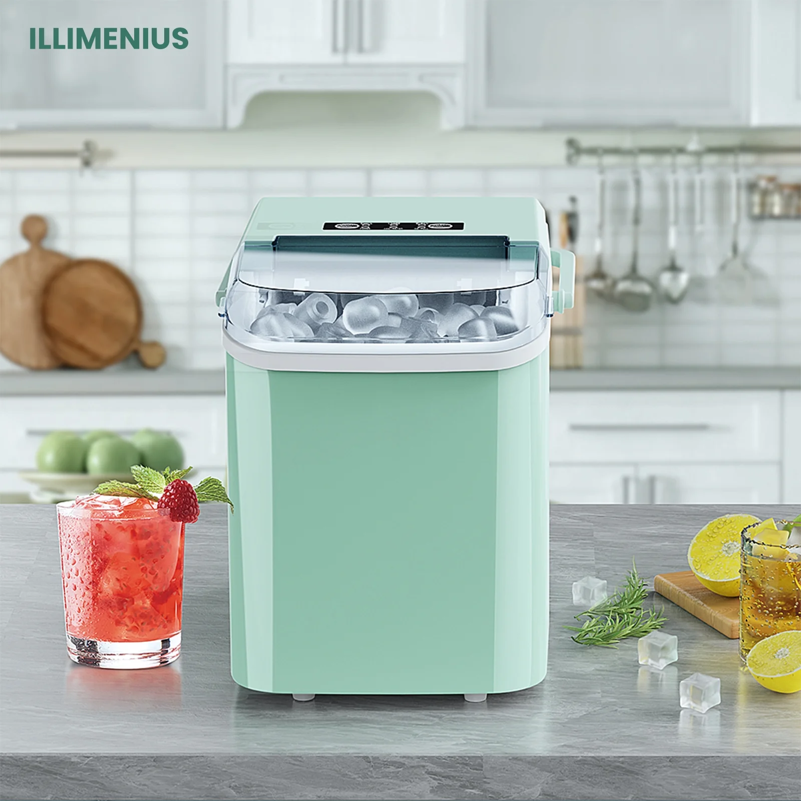 illimenius Portable Countertop Ice Maker, 9Pcs/6Min 26.5Lbs/24H, Green