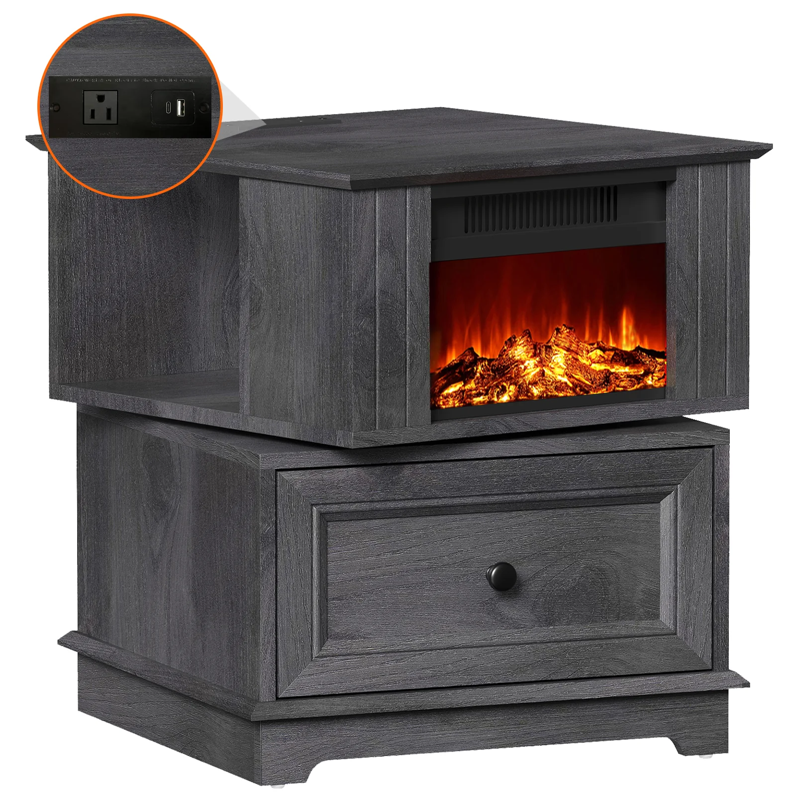 FAGAGA 19.7'' Fireplace End Table with Charging Station, Rotating Square Storage Side Table��Nightstand with Electric Fireplace Heater for Bedroom Living Room, Dark Gray