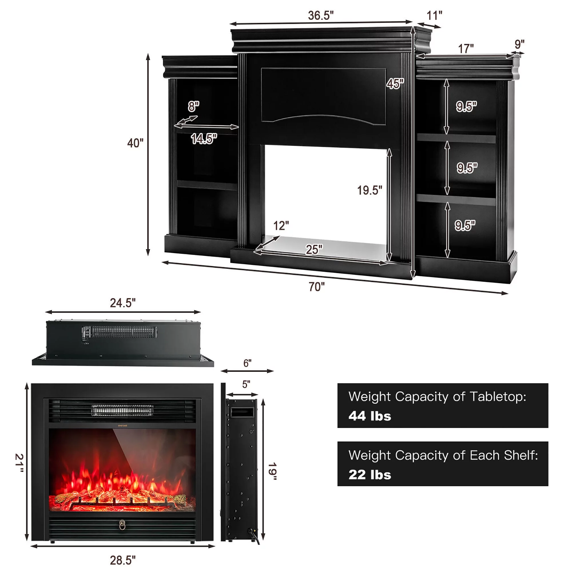 Gymax 70'' Fireplace TV Stand Media W/ 28.5'' 750W/1500W Electric Fireplace Black