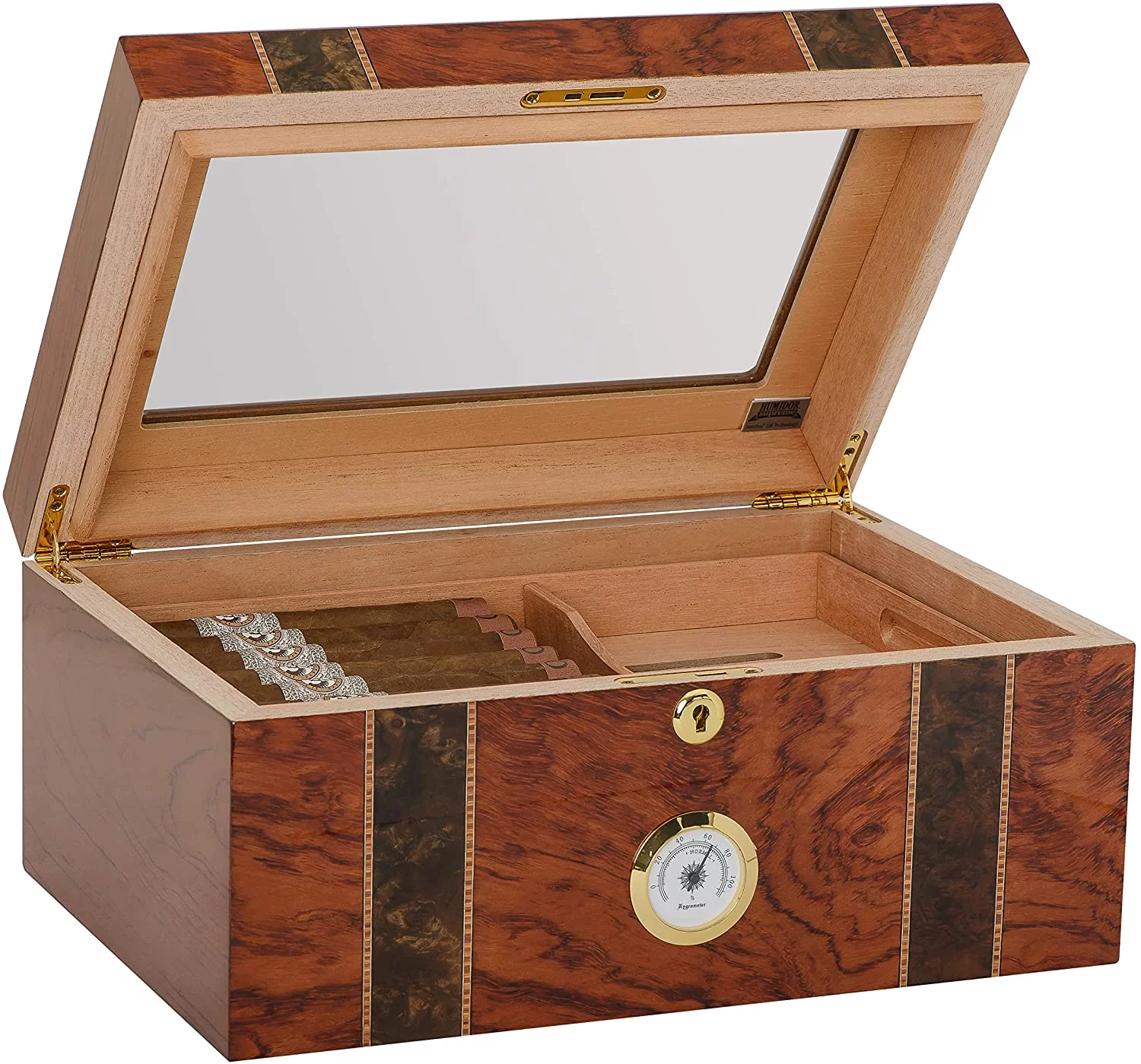 Humidor Supreme Andorra Glasstop Cigar Storage Bubinga and Walnut Burl Wood with Decorative Inlay Spanish Cedar