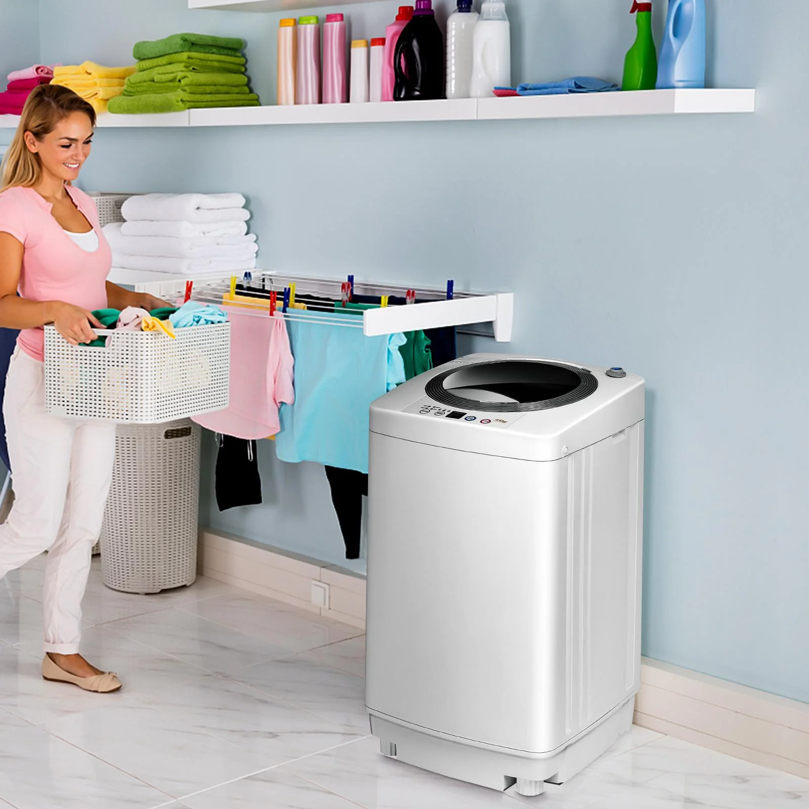 Giantex Portable Washing Machine, 2-in-1 Full-Automatic Wash & Dry, 8 lbs Capacity Laundry Washer w/5 Programs, 3 Water Levels & Drain Pump, Compact Cloth Washer Spinner
