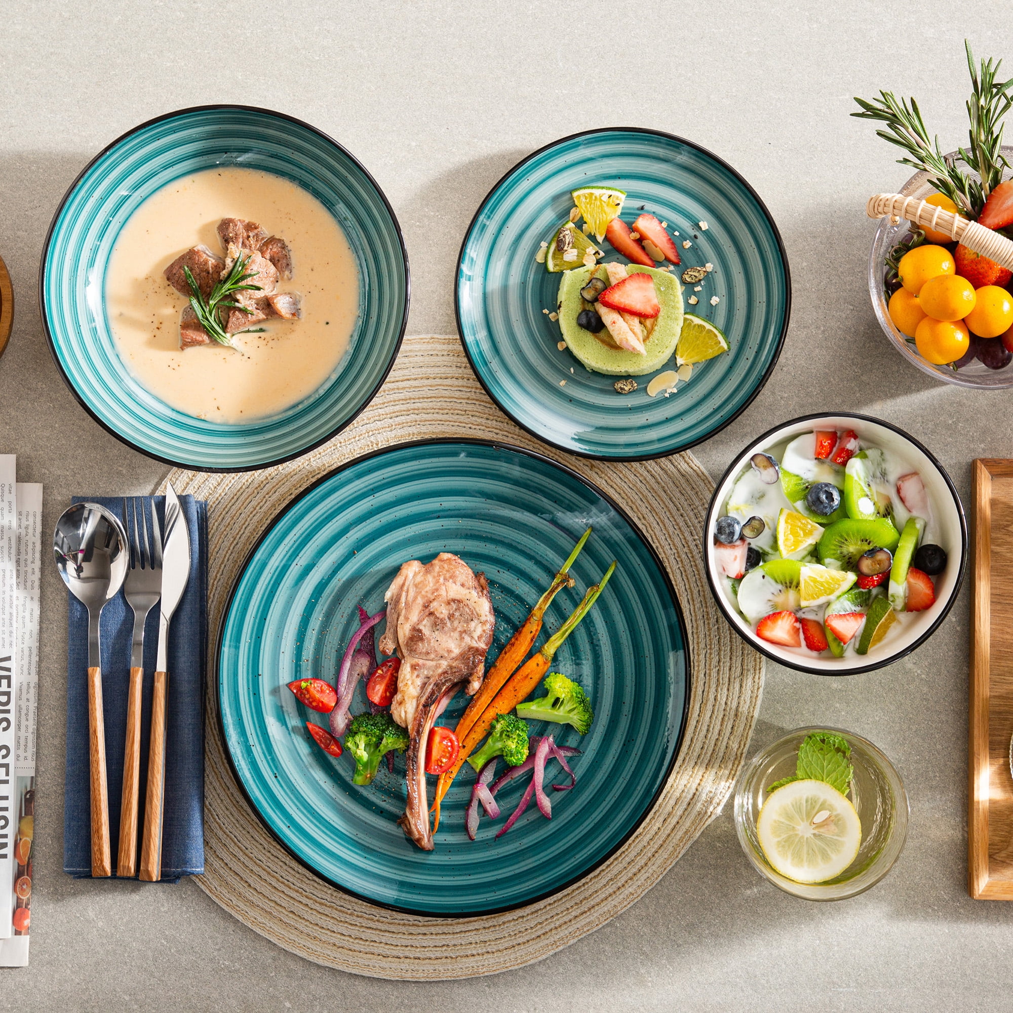 24-Piece Stoneware Dinnerware Set, Green Dinner Set, Service for 6