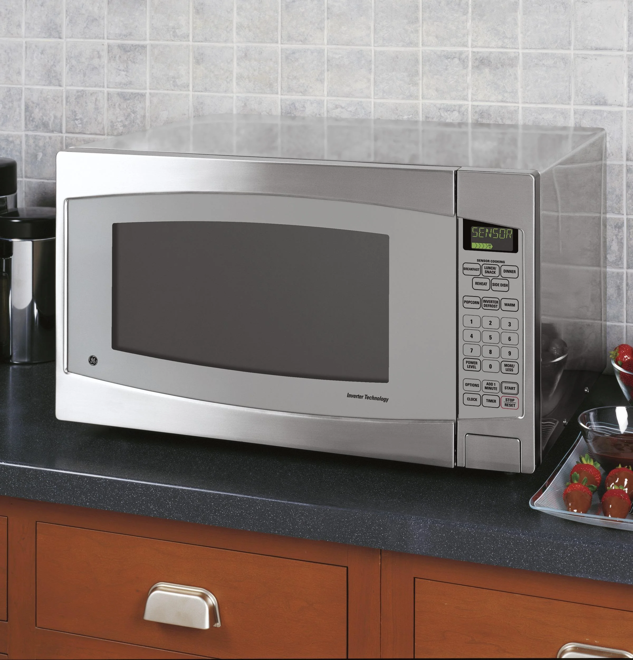 GE JES2251SJ 2.2 cu. ft. Countertop Microwave in Stainless Steel with Defrost and Sensor Controls