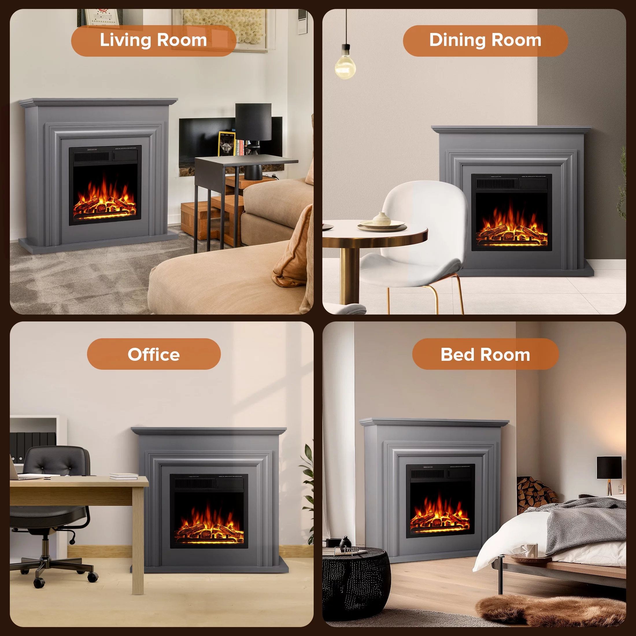 Auseo 36' Freestanding Electric Fireplace with Wood, Grey Mantel, Remote Control, For Rooms up to 400 Sq.Ft. Adjustable LED Flame & Heating Settings, -��Grey��