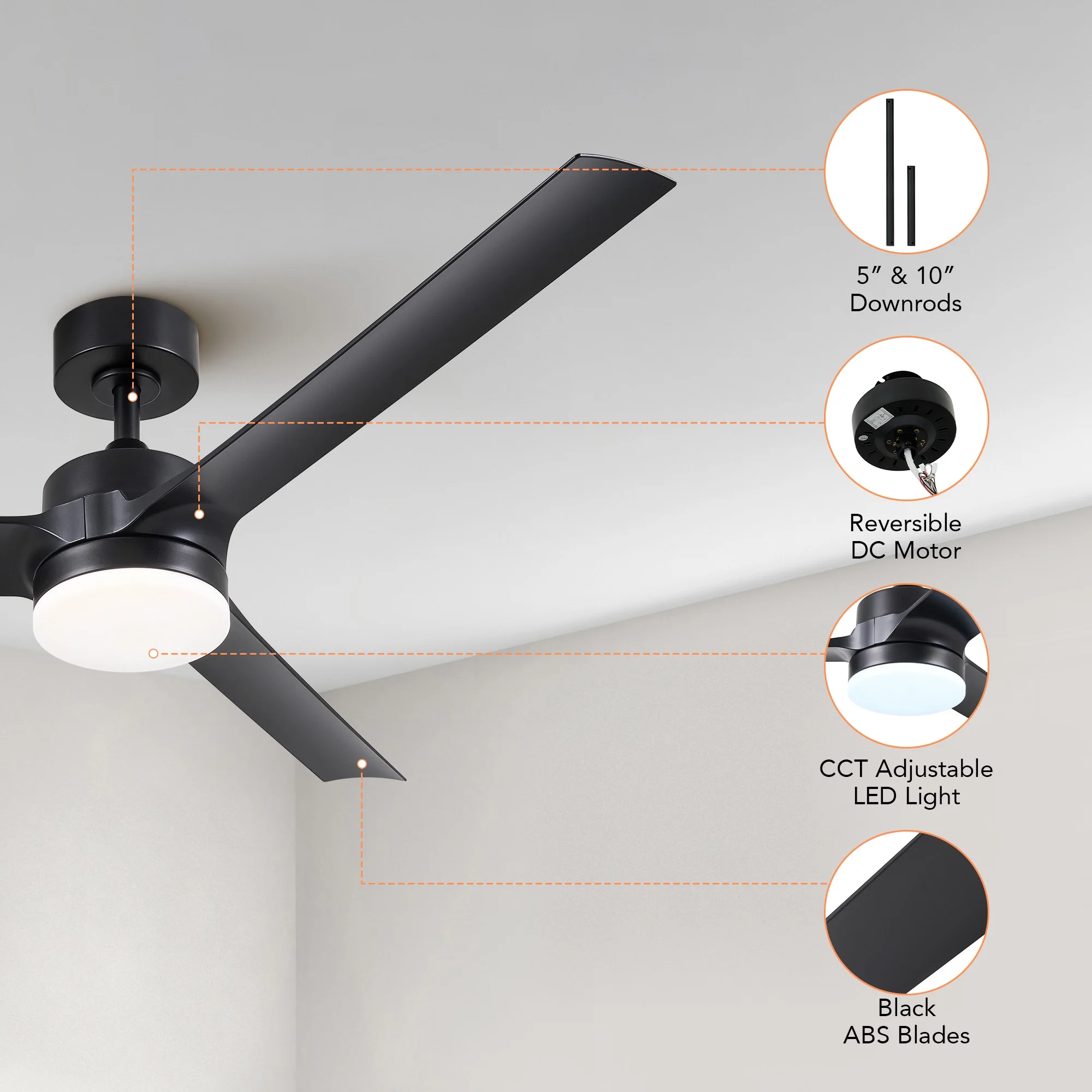 Bestco 52' 6-Speed Modern Ceiling Fan with CCT Adjustable LED Light & Remote Black