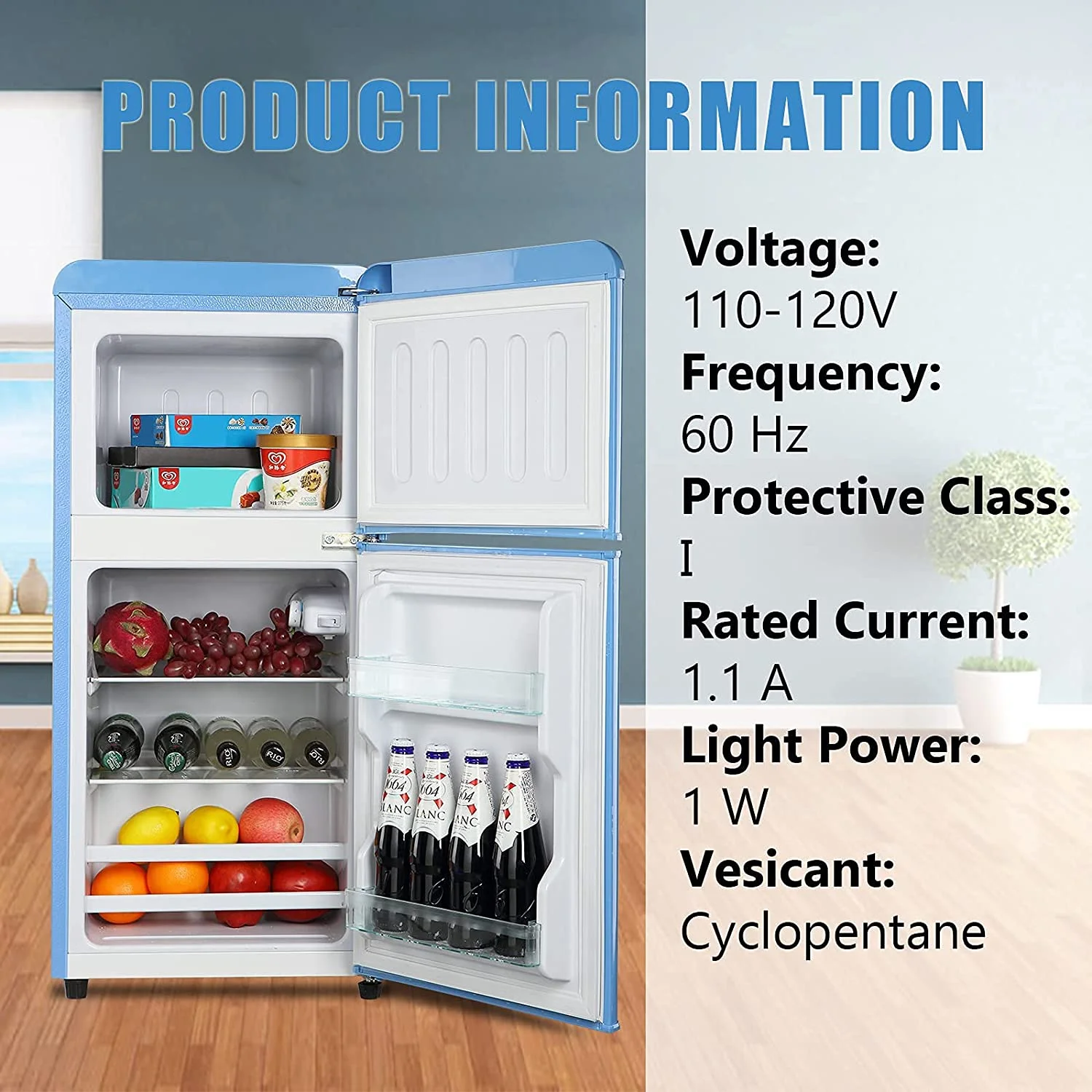 GGTB 3.2 Cu.Ft Two Door Mini Fridge with Freezer, Compact Retro Refrigerator for Dorm, Office, Bar, RV, Bedroom, Blue