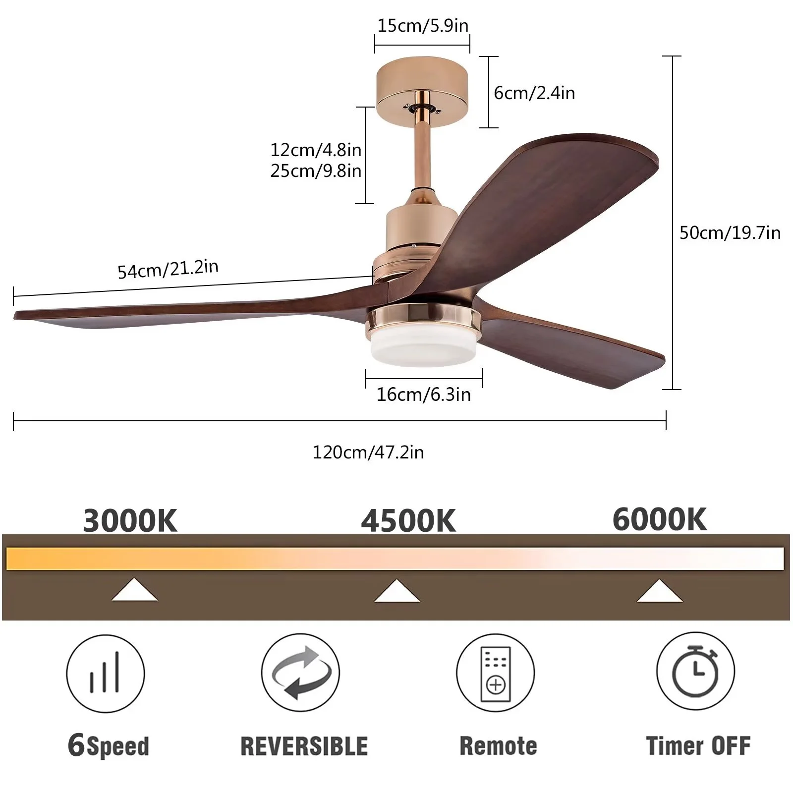 48 inch Wood Grain 3 Blades Reversible Down Rod Ceiling Fan Light DC 110-120V, Modern LED Chandelier Ceiling Fan with Light and Remote Control