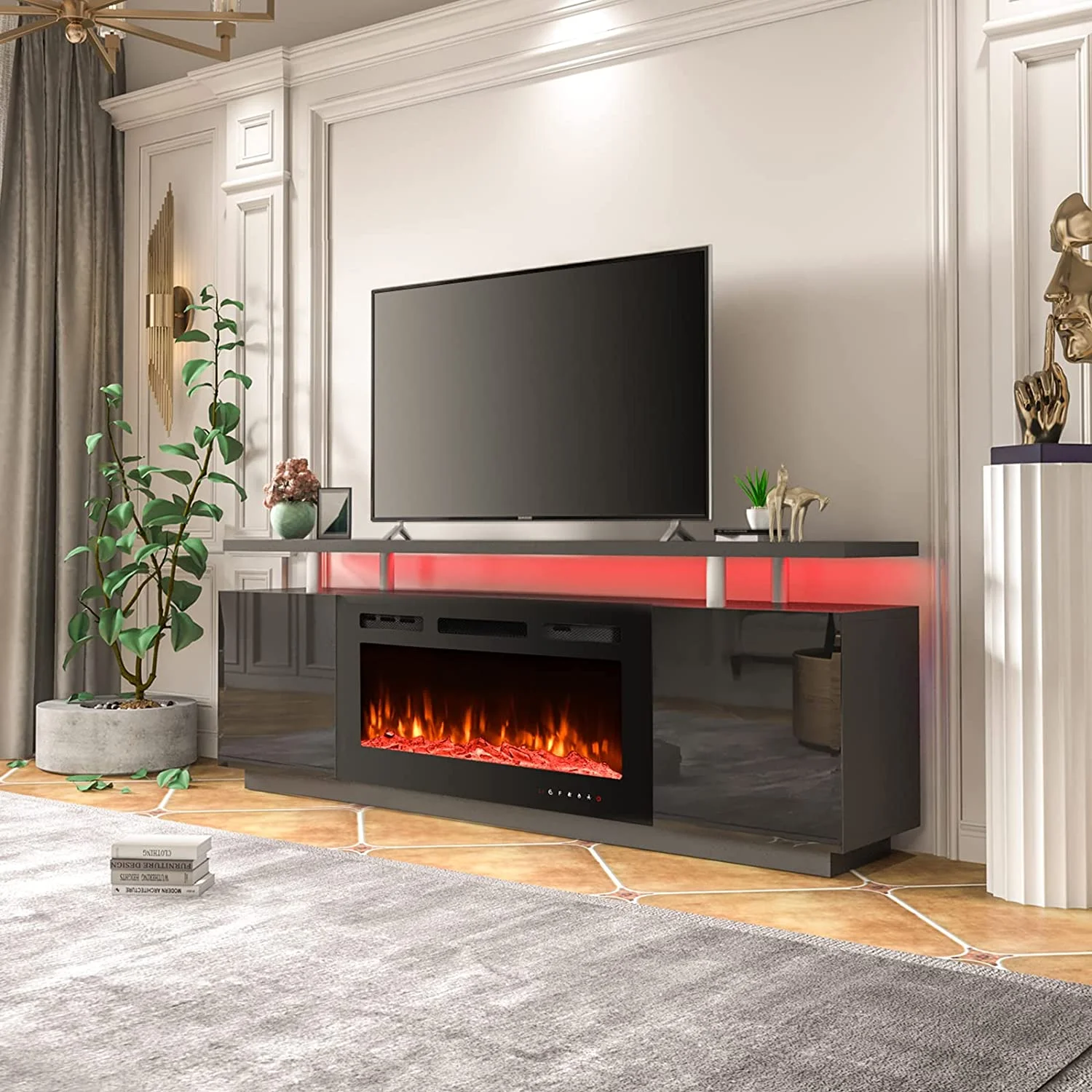 Erinnyees 70'' Fireplace TV Stand with 36'' Electric Fireplace, Entertainment Center, Fireplace Insert Heater, TV Console for TVs up to 80'' for Living Room, White, Black