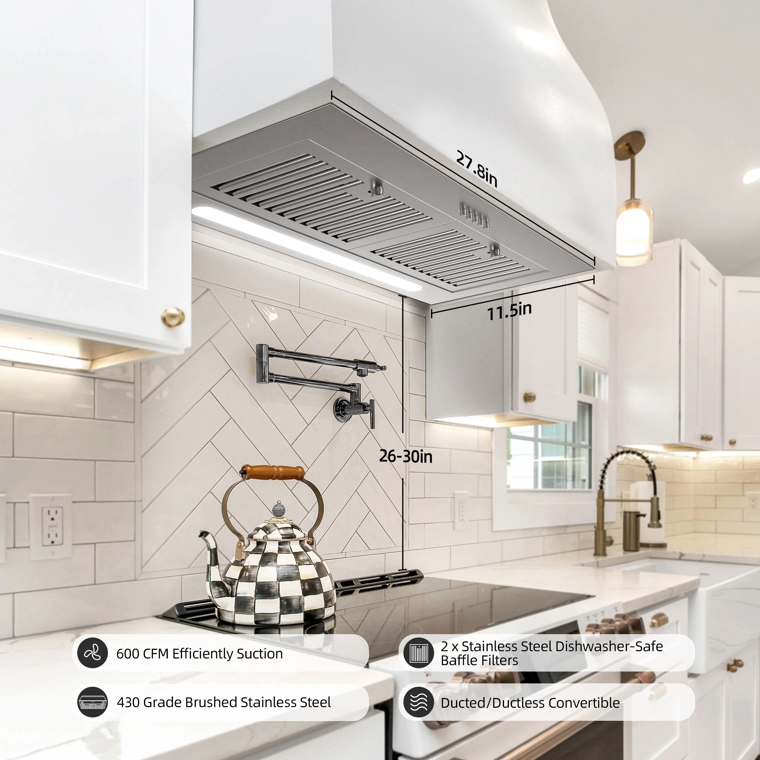 FIREGAS Insert Range Hood 30 inch 600 CFM Ducted Convertible Ductless Kitchen Stove Hood with LED Lights, Built-in Kitchen Vent with 3 Speed Exhaust Fan,Baffle Filters,Range Hoods with Carbon Filters