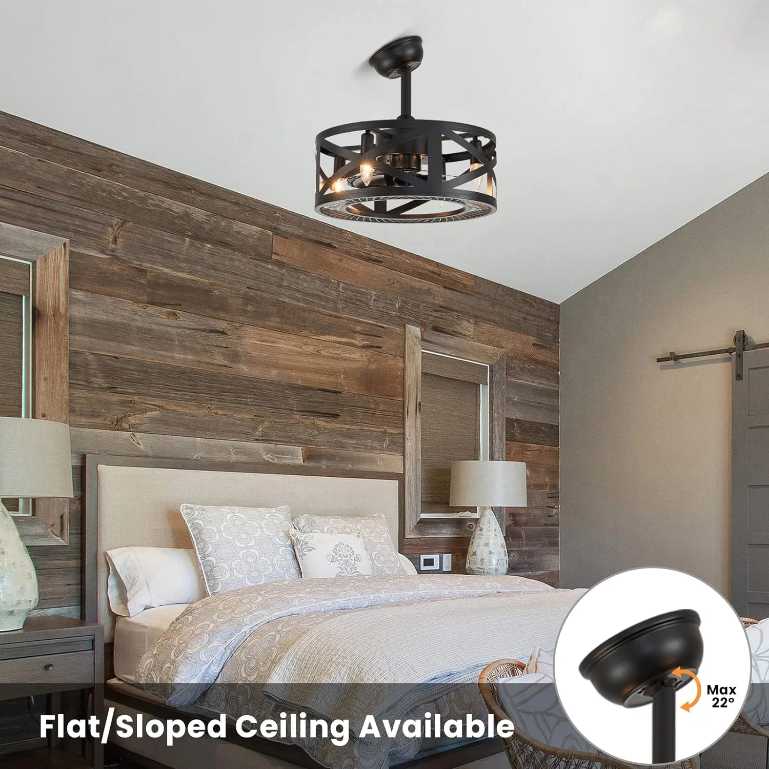HOOMEDELIER 18' Black Caged Bladeless Ceiling Fan with Light,Chandelier Fan Remote Industrial Ceiling Fan for Indoor