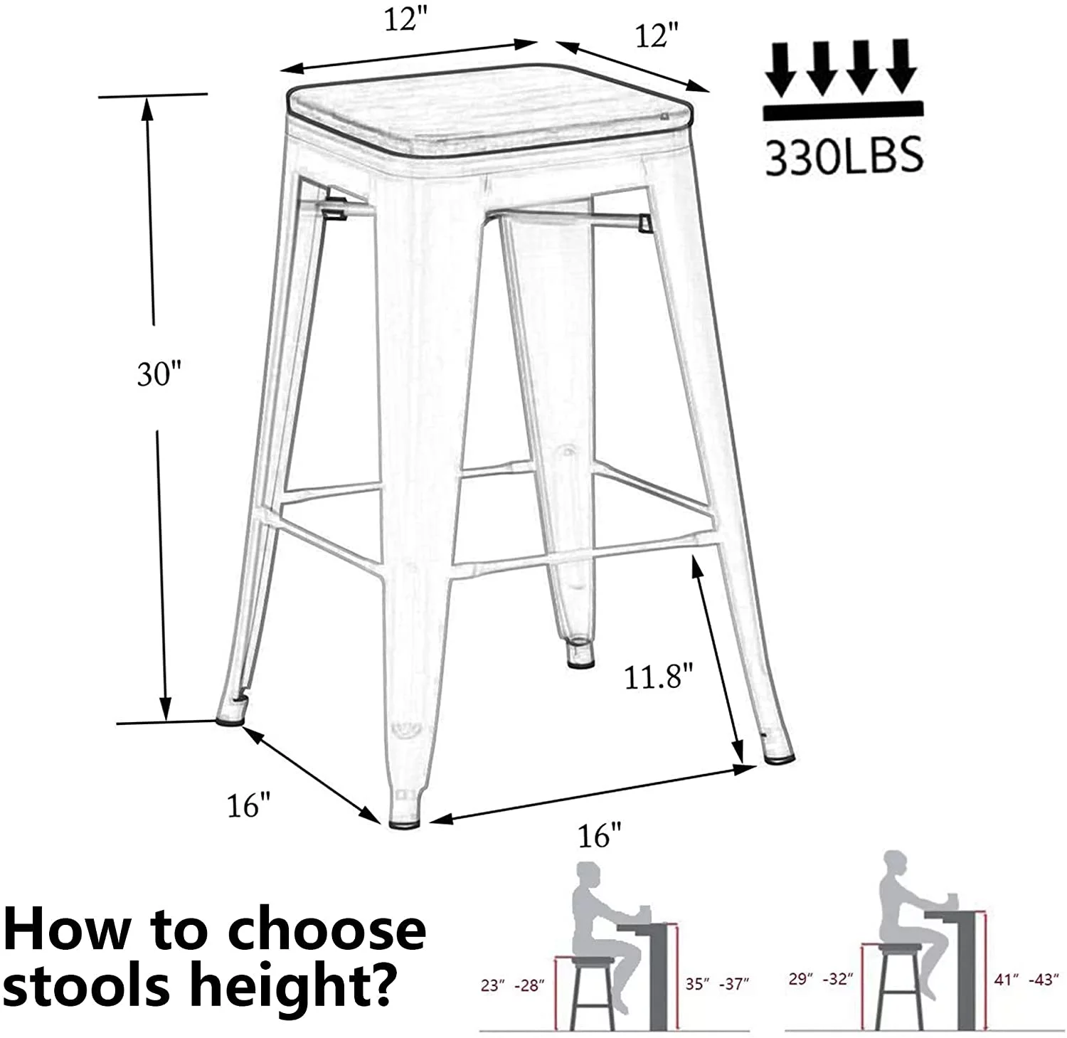 Andeworld 30' Set of 4 Metal Bar Stools Stackable Counter Height Barstools Wood Seat Backless Rustic Kitchen Bar Chairs (White)