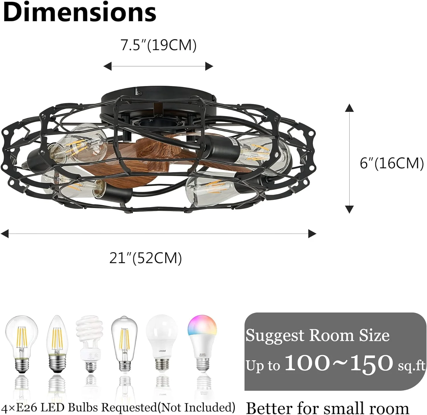 HOOMEDELIER Caged Ceiling Fan with Light and Remote , 21' Farmhouse Flush Mount Ceiling Fan,3 Blades Indoor Low Profile Ceiling Fan for Bedroom, Kitchen (Black)