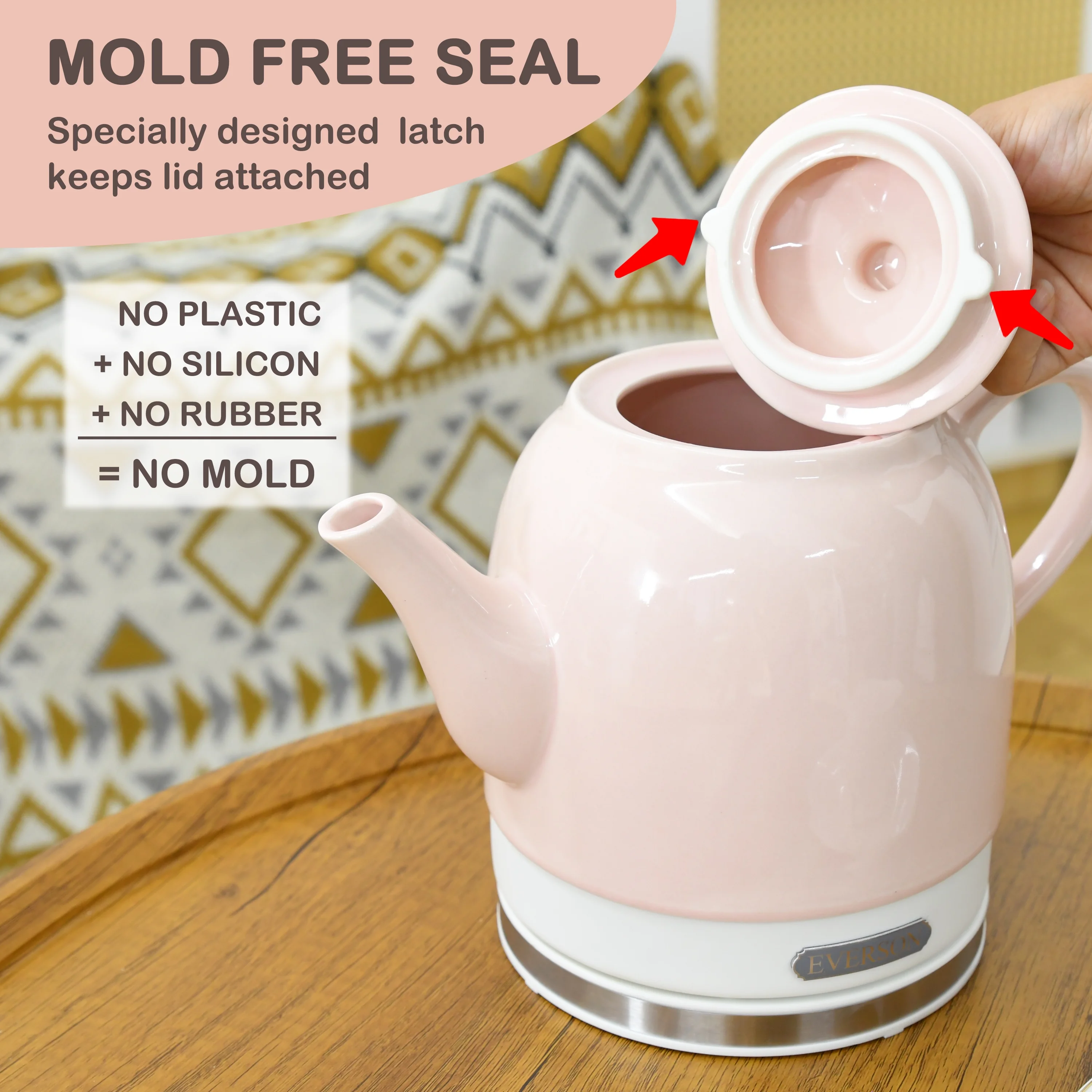 Everson 1.5L Electric Kettle. 100% Ceramic Pink Electric Tea Kettle, Tea Maker, Hot Water Kettle