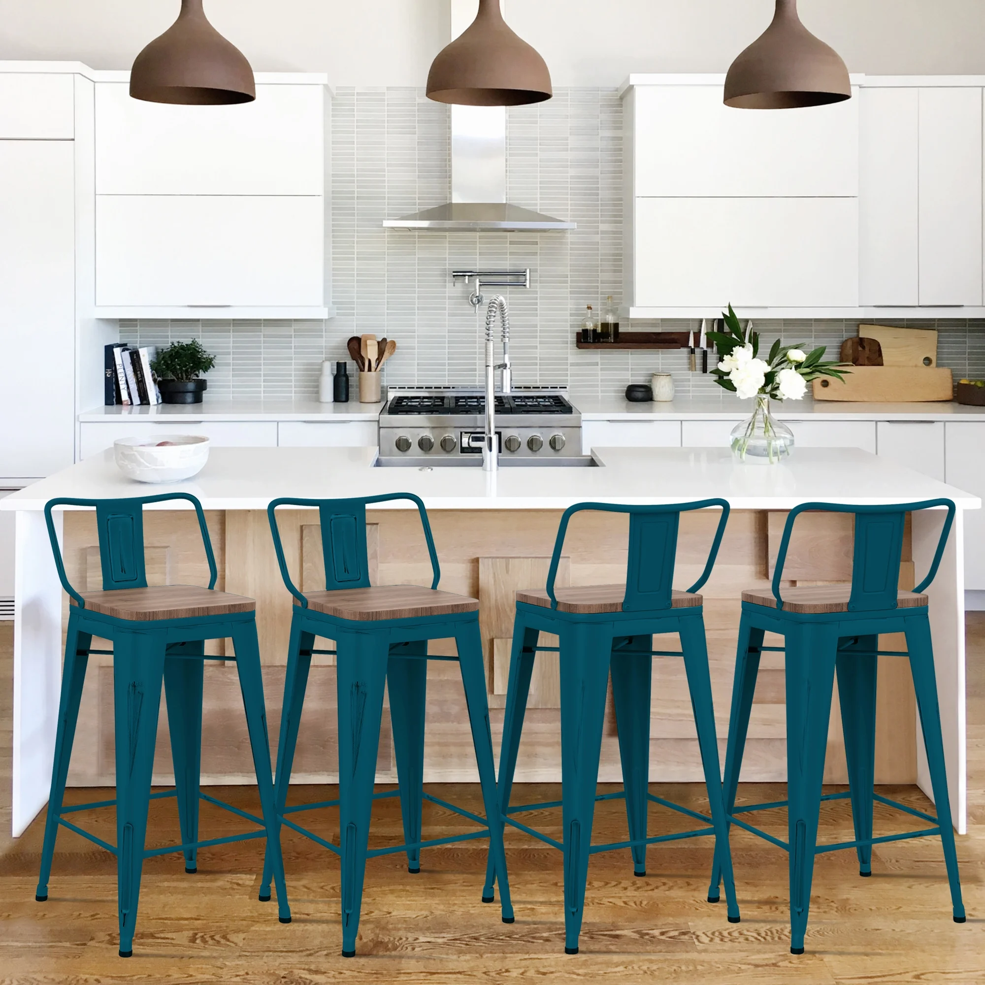 Andeworld Bar Stools Set of 4 Counter Height Stools Industrial Metal Barstools with Wooden Seats( 24 Inch, Backrest, Distressed Teal)