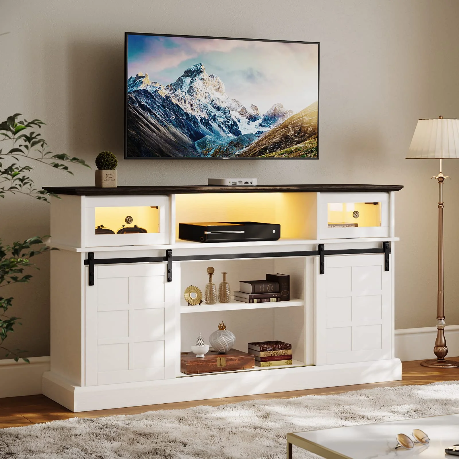 Fireplace TV Stand for 65' TV with LED Lights, Farmhouse Entertainment Center with 23' Electric Fireplace with Sliding Barn Door for Living Room, White