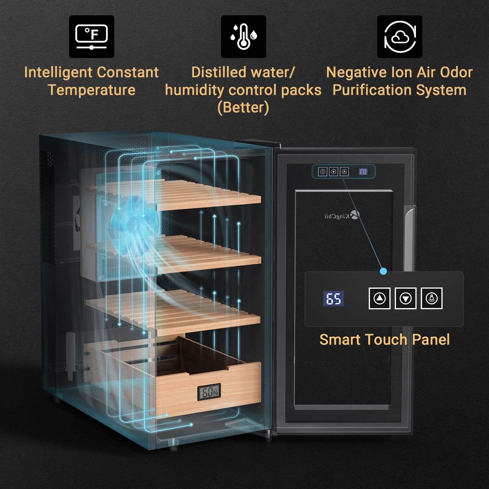 KingChii 26L Cigar Humidors for 200 Counts with Cooling and Heating Temperature Control System, Cigar Cabinet with Digital Hygrometer, Spanish Cedar Wood Shelves, Gift for Men, 4 Layers
