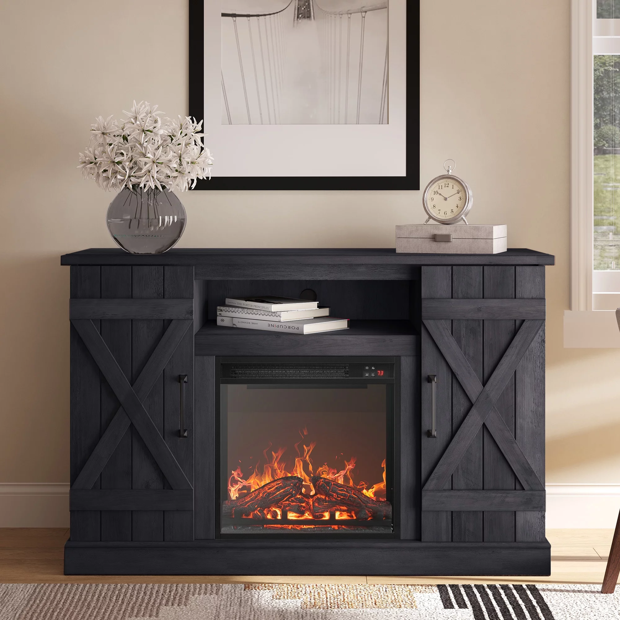 BELLEZE 47' TV Stand with 18' Electric Fireplace, Barn Door TV Stand for TVs up to 50