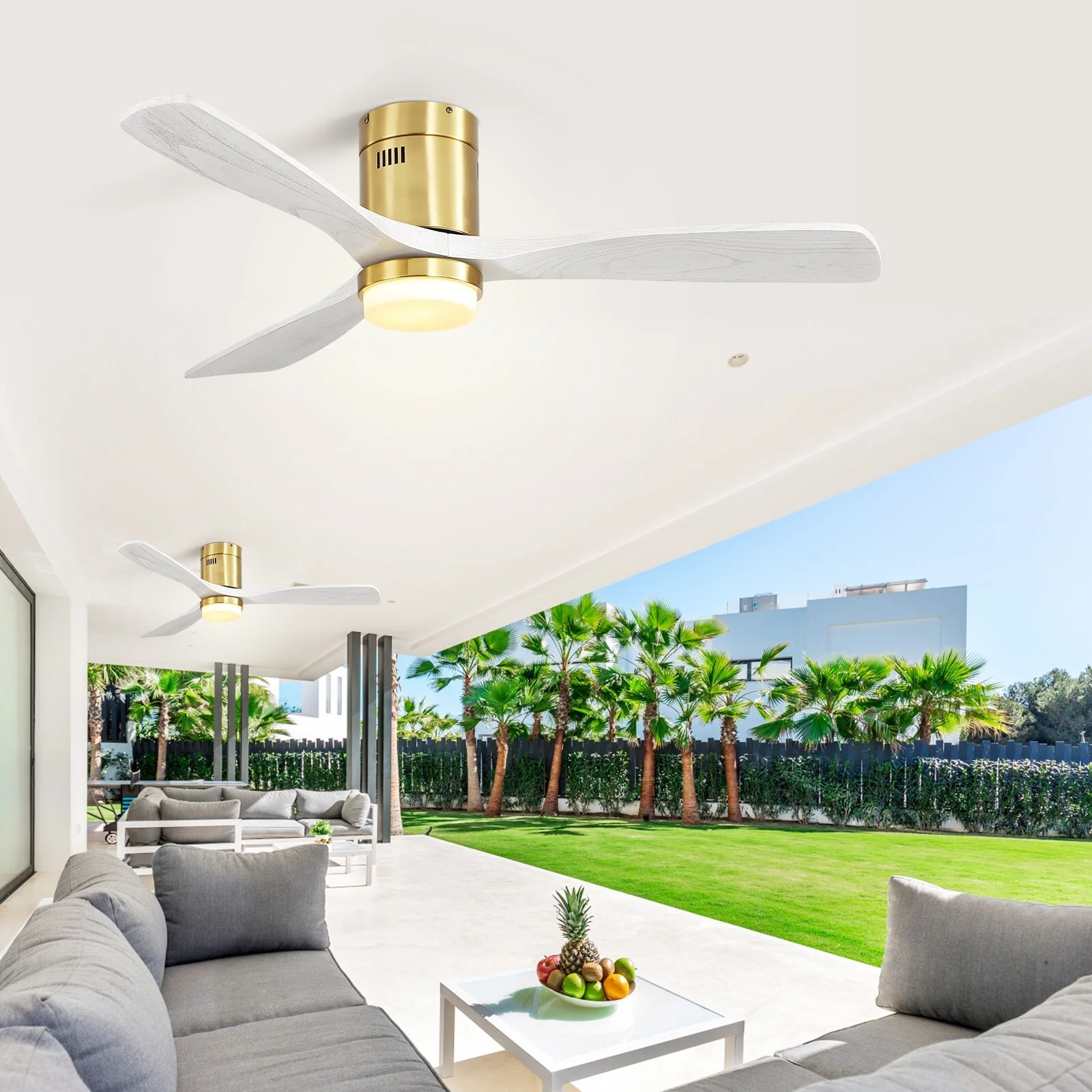 52' Low Profile Ceiling Fan with Light and Remote,Wood Blades,Integrated LED,3 Light options Gold and Grey Blades 52 Inch