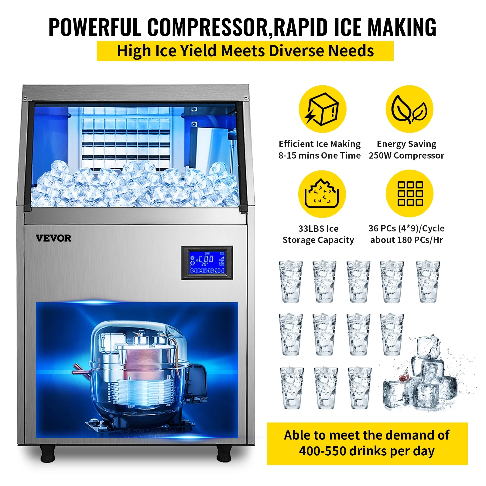 BENTISM Freestanding Commercial Ice Maker Machine - 90-100 lb Ice in 24 hrs Restaurants, Bars, Homes