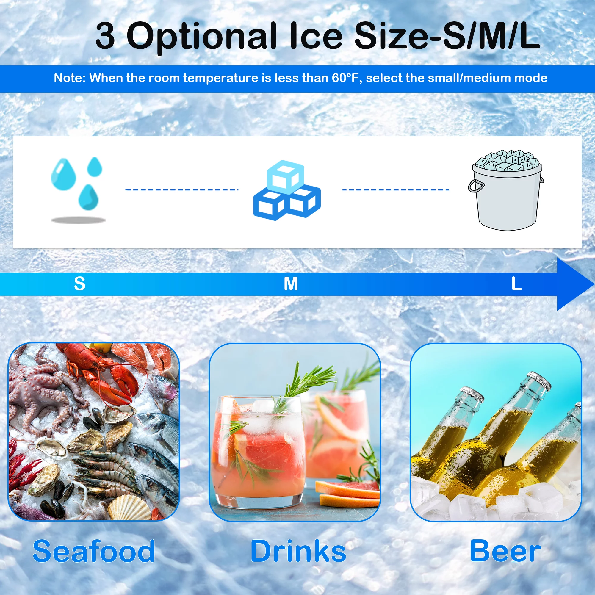 Countertop Ice Maker Portable Ice Maker Machine with Handle, 3 Sizes of Bullet Ice for Home Kitchen Office Bar Party