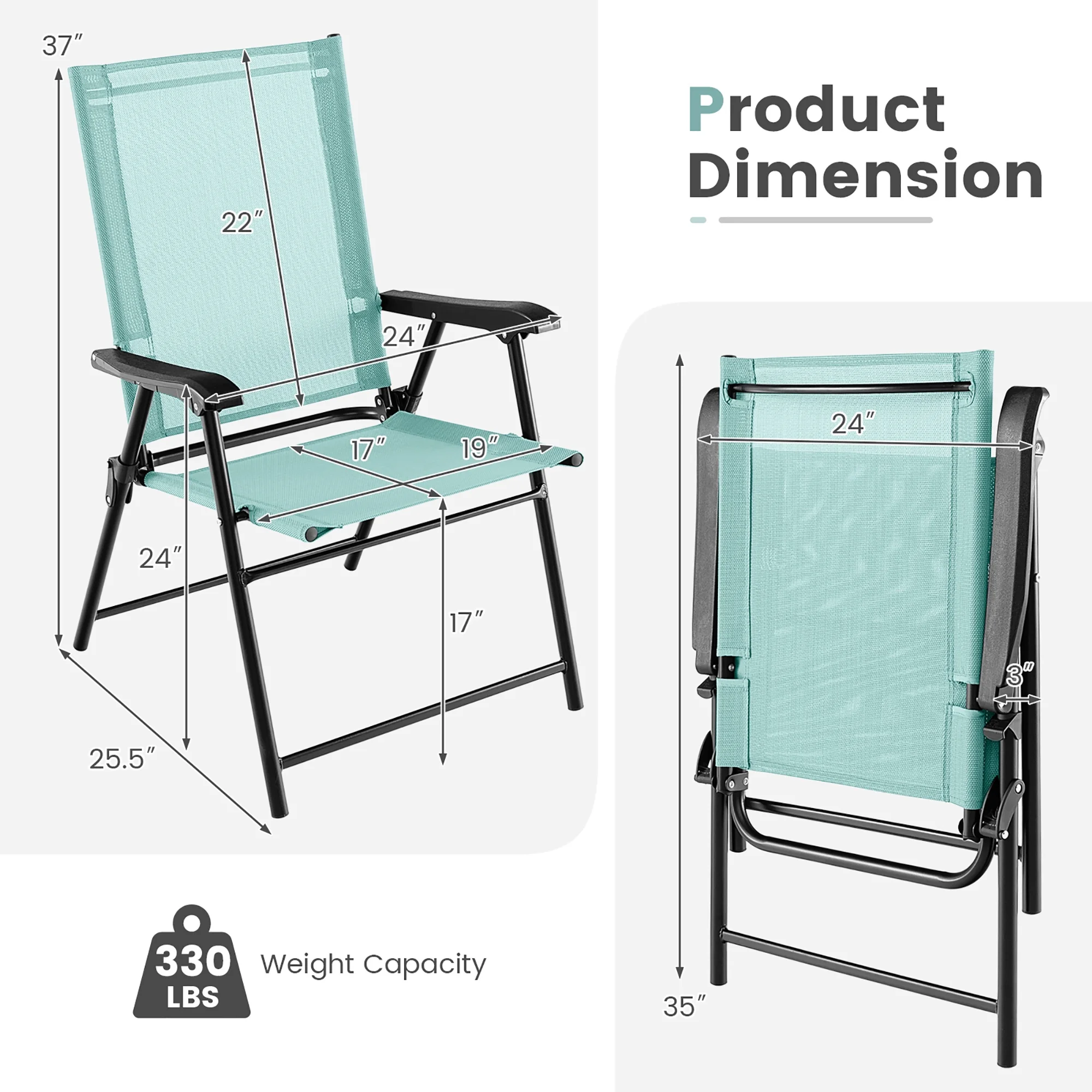 Gymax Set of 4 Patio Folding Chairs Outdoor Portable Pack Lawn Chairs w/ Armrests Mint Green