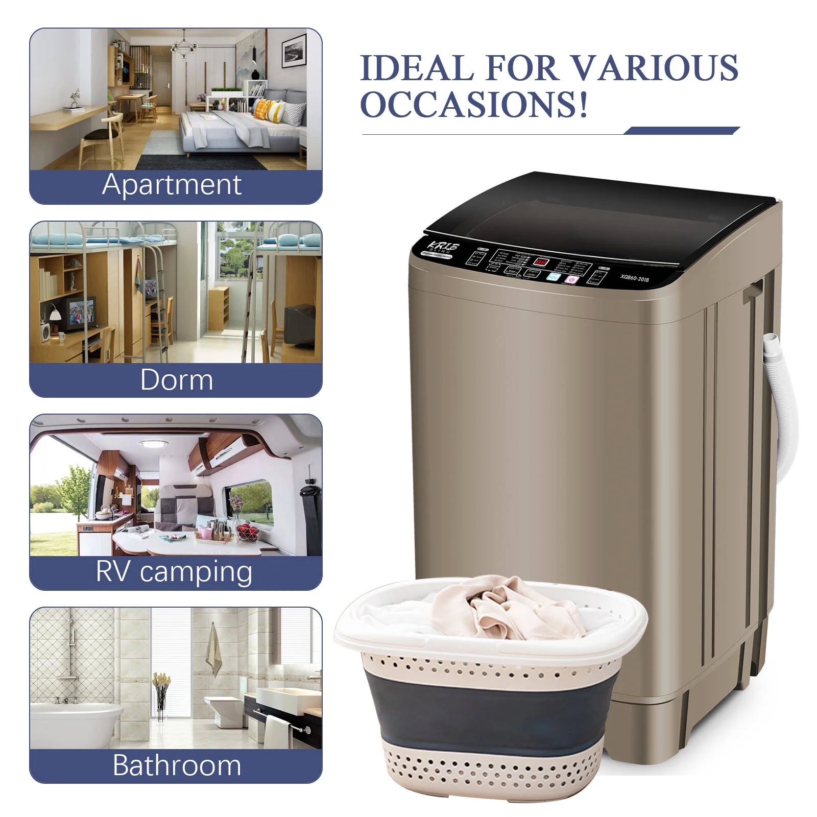 Krib B Full Automatic Washing Machine with Drain Pipe, 17.7 lbs Portable Washers with 10 Programs & 8 Water Levels, Suitable for Apartment, Dorm, Gold
