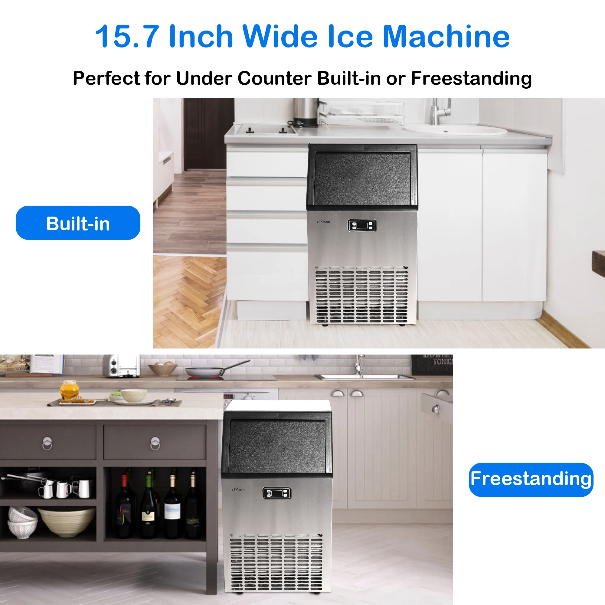 Commercial Ice Maker Machine, 100Lbs Daily Under Counter Ice Maker, Freestanding Design for Party Gathering, Restaurant, Bar, Coffee Shop Include Ice Shovel & Hose