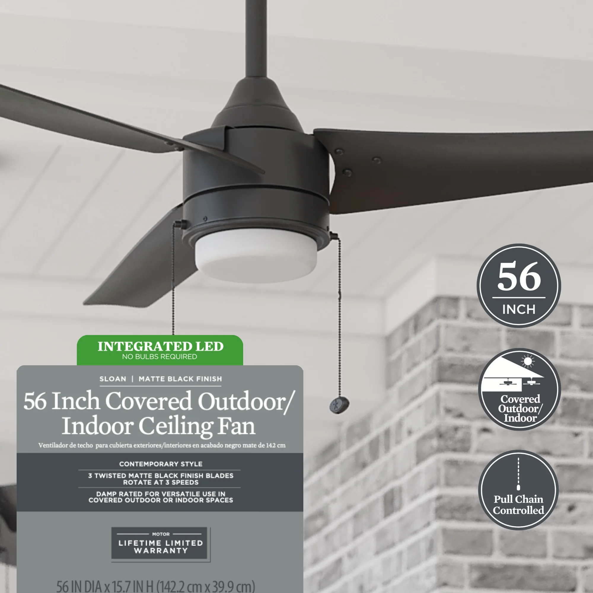 Better Homes & Gardens 56" Black Indoor/Outdoor Ceiling Fan with 3 Blades, Light Kit, Pull Chains & Reverse Airflow