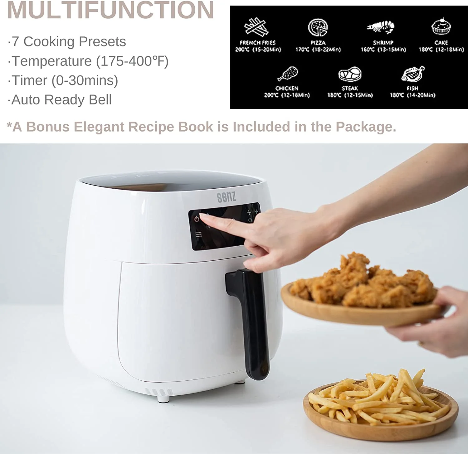 4.3 Quart Air Fryer, Electric Hot Air Fryers Oilless Cooker with Digital LCD Touch Screen, Nonstick Basket, 1400W, UL Listed (White)