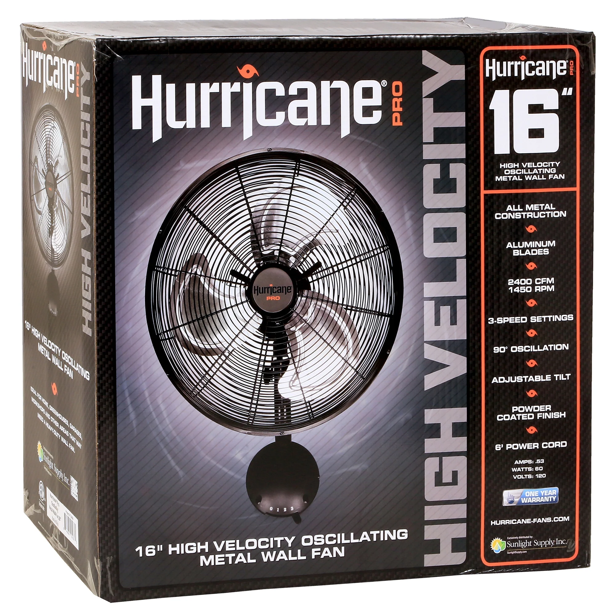 Open Box Hurricane 16' Pro High Velocity Oscillating Metal Wall Mount Fan,Black
