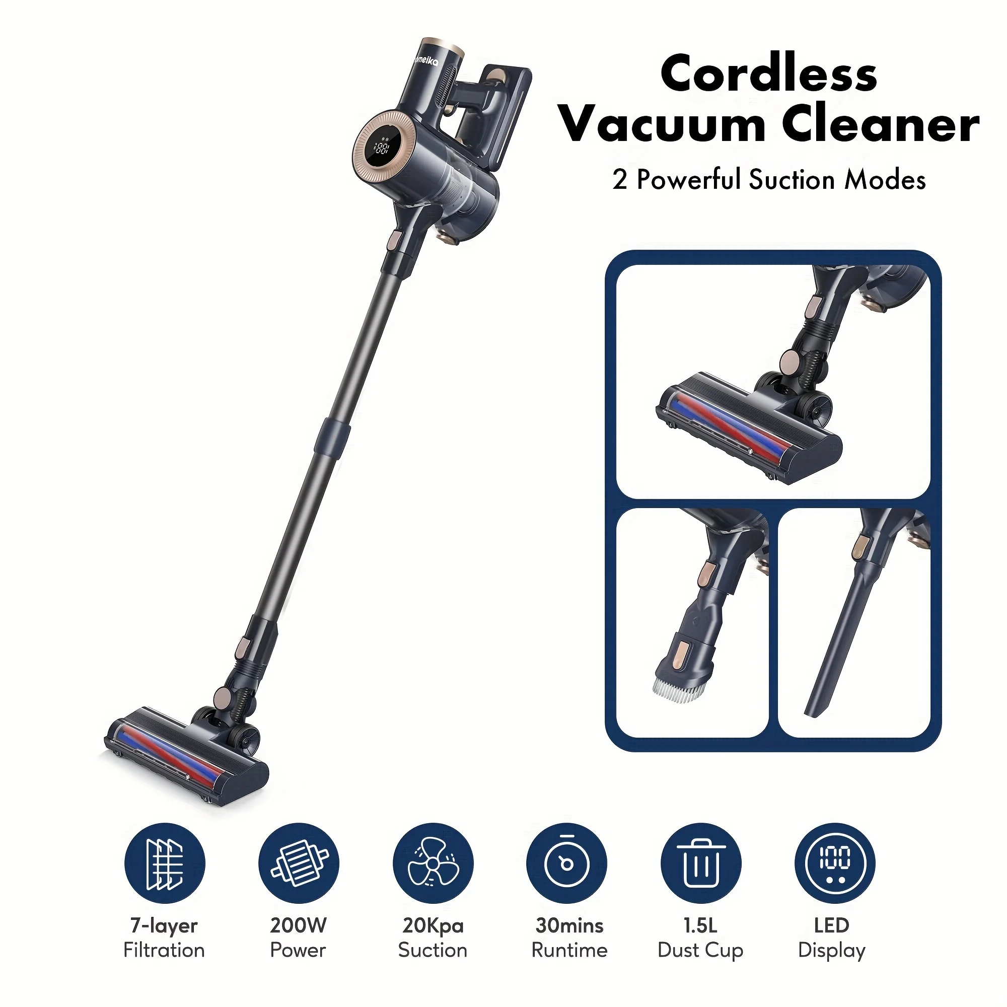 Homeika Cordless Vacuum Cleaner, 20Kpa Powerful Suction Vacuum Cleaner With LED Display, 30 Min Runtime Detachable Battery, 50.72oz Dust Cup, For Carpet And Hard Floor Pet Hair